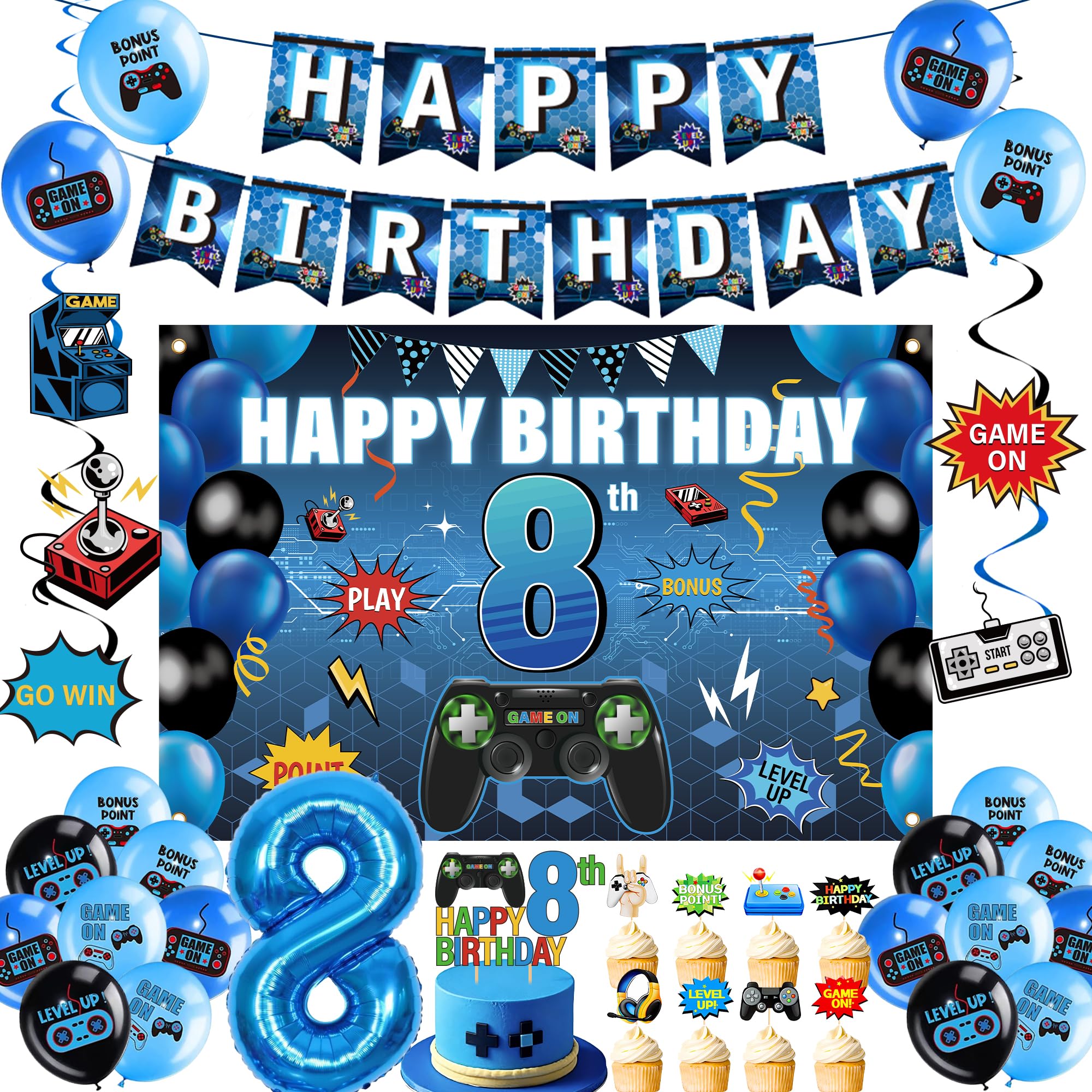 Gaming 8th Birthday Decorations Boy - 31 Pcs Video Game Party Decoration including Banners, Hanging Swirls, Number 8 Foil Balloon, Backdrop and Latex Balloons for Kids 8 Years Old Party Supplies