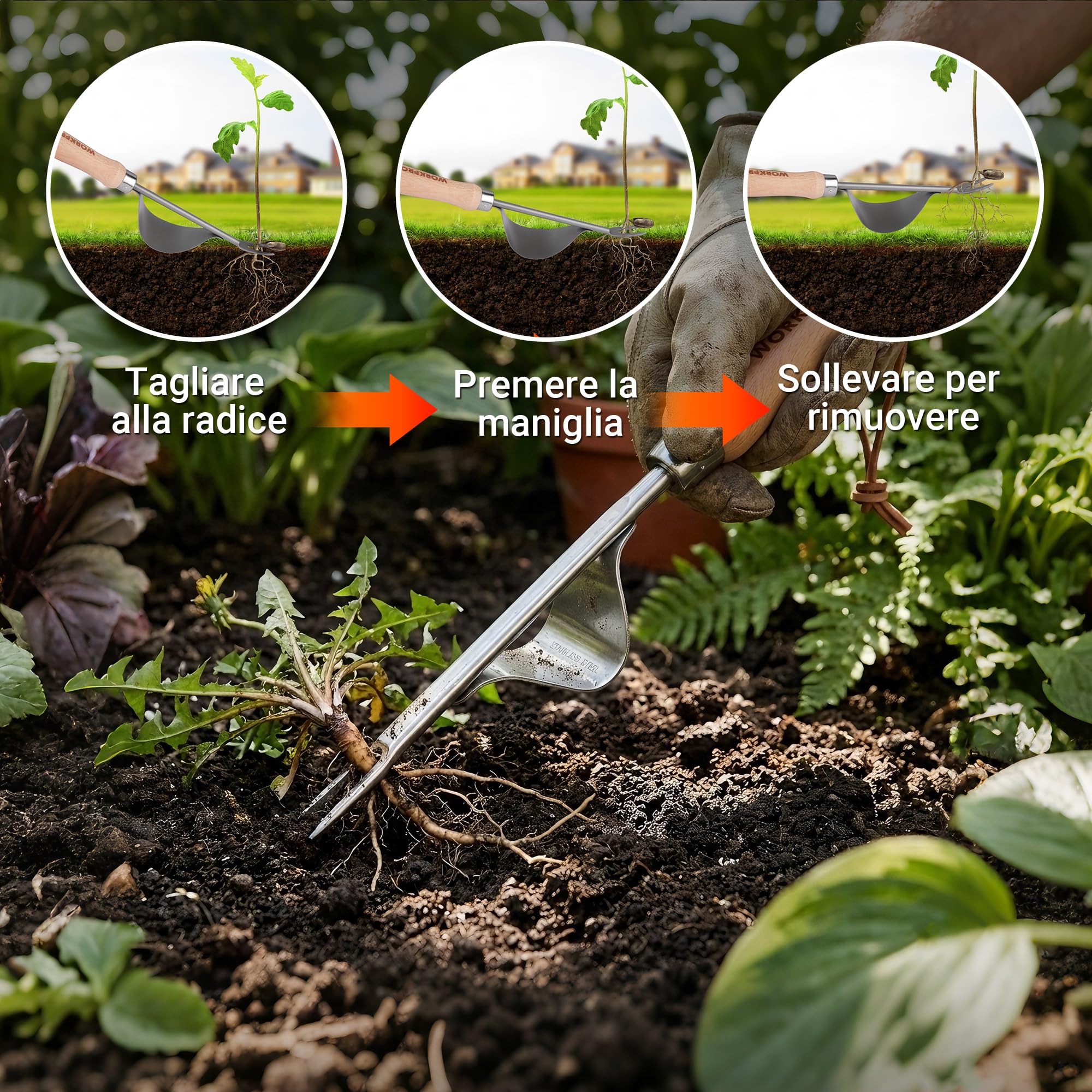 WORKPRO Estirpatore Erbacce Manuale in Acciaio Inossidabile e Legno di Faggio con Punta Vaffilata e Azione di Leva, Strumento Efficiente per Estirpare Erbacce, Utile Attrezzo da Giardino