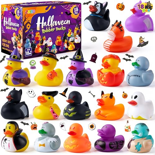 18 Pieces Halloween Fancy Novelty Assorted Rubber Ducks Variety for Fun Bath Squirt Squeaker Duckies , Toy, School Classroom Prizes Ducky, Trick or Treat Fillers and Party Favors.
