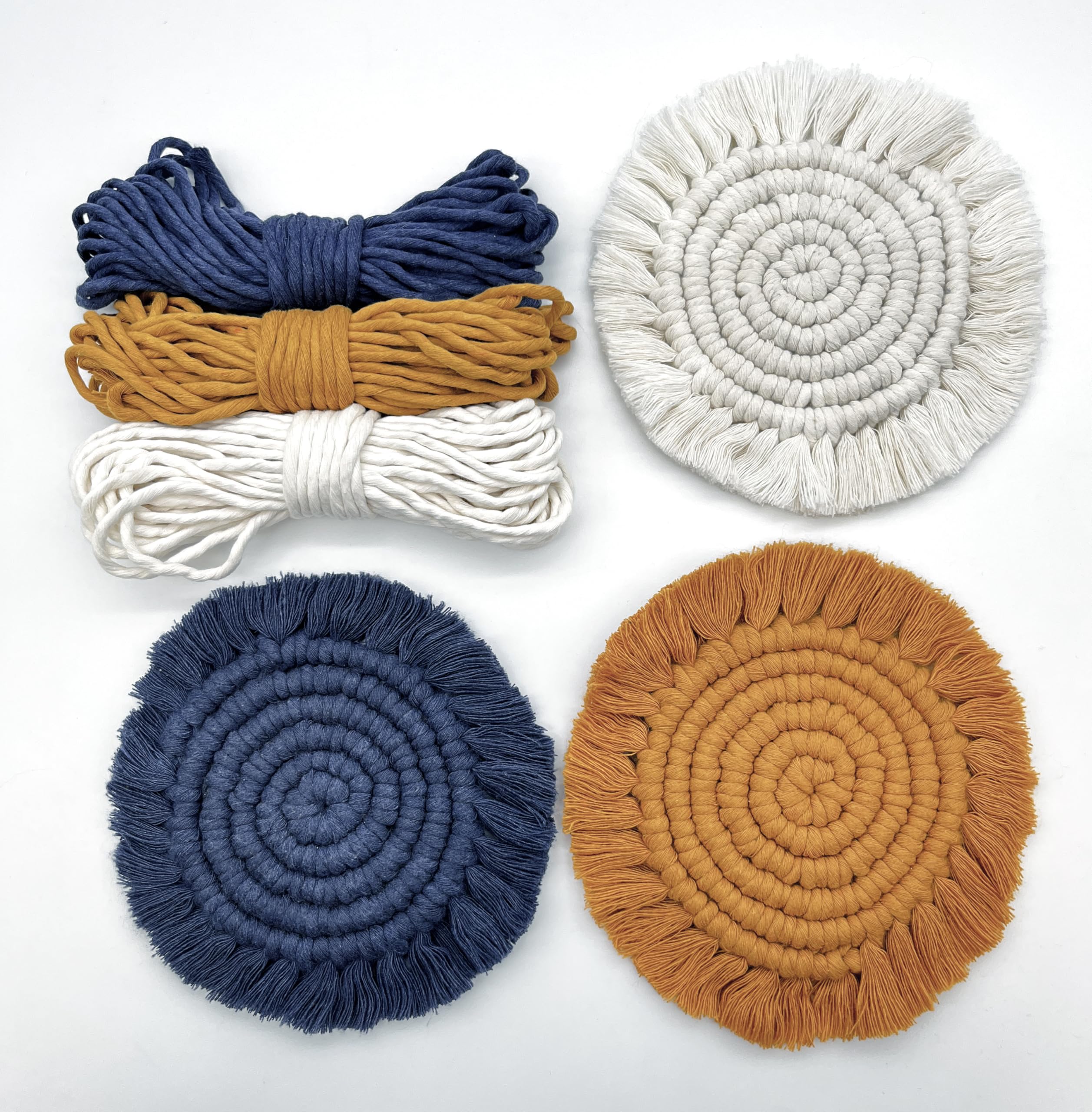 Bergin & Bath Yellow, Navy And Cream Macramé Kit Coasters. Learn To Make Three Placemats In Yellow, Navy And White. Art Craft Kit For Adults And Teens. Creative Gift Idea.