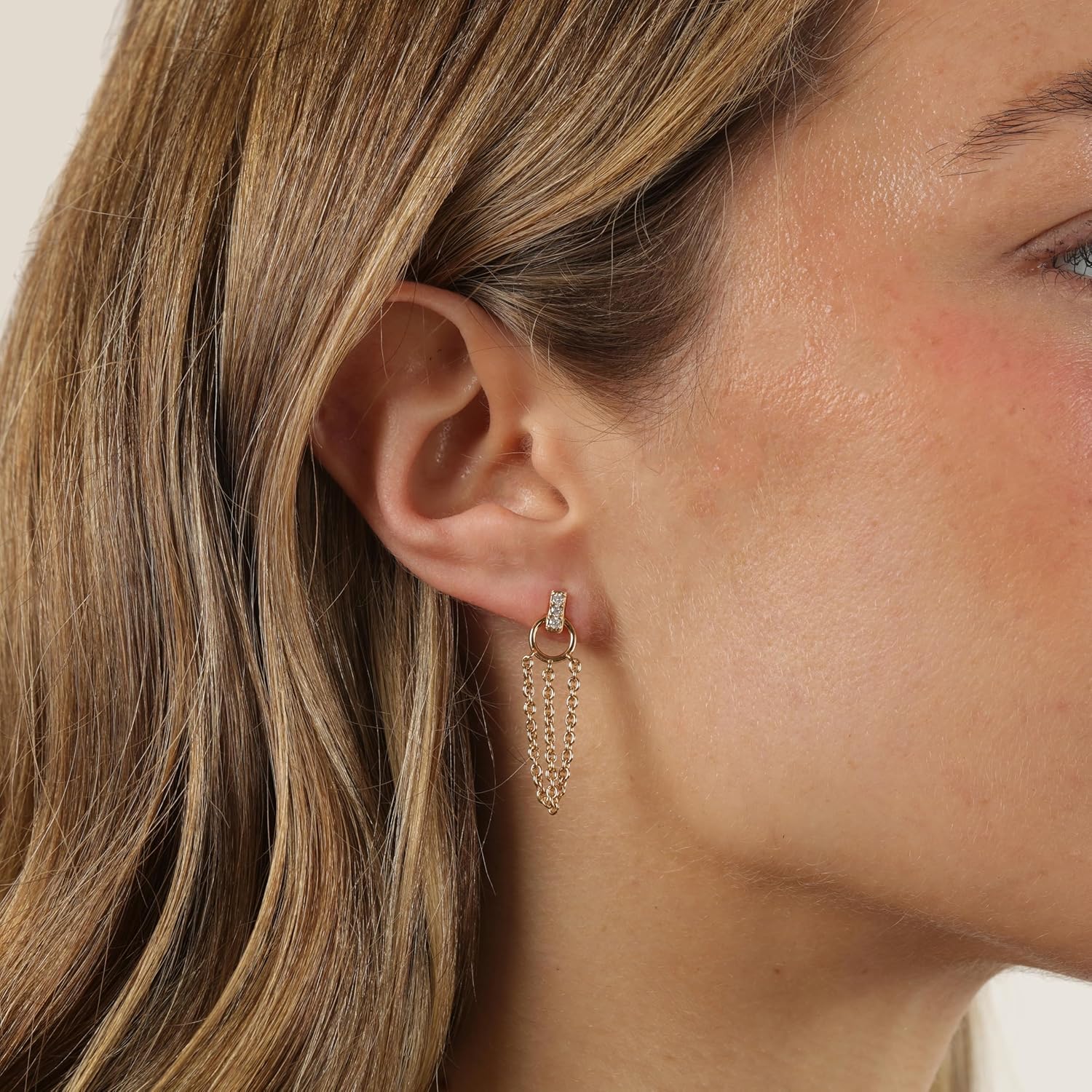 Lavari Jewelers 1/10 Carat Lab Grown Diamond Dangle Chain Earrings for Women - 18k Yellow Gold Plated Sterling Silver 13.1mm Dangle Earrings for Her - Hypoallergenic Push Back Drops - Modern Design - Image 2