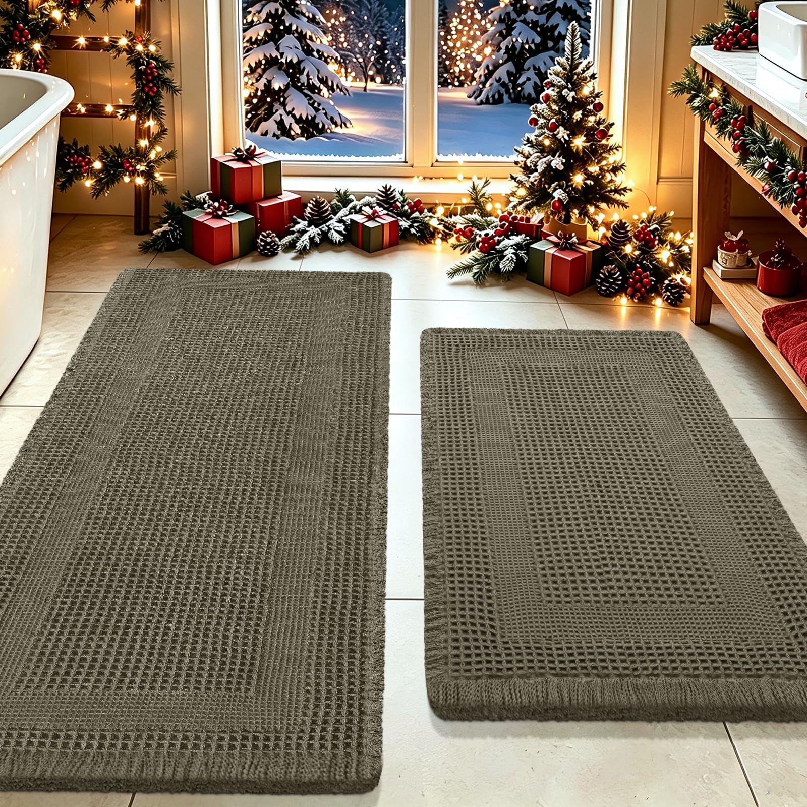 Upgrade Waffle Bath Mat Set 2 Piece, Greyish Green, Boho Bathroom Rugs Absorbent Non Slip, Ultra Soft Bathroom Mat, Machine Washable Knit Bath Rugs with Tassels for Bathroom, Bedroom, Kitchen, Shower