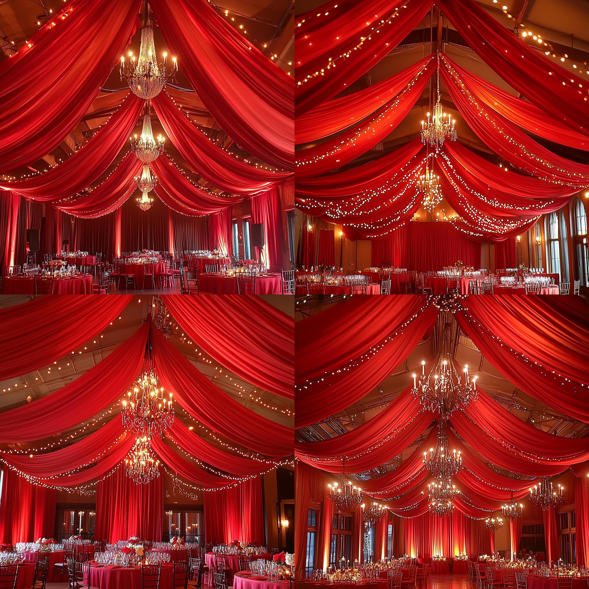 Lot de 4 rideaux de plafond infroissables en tissu pour cérémonie de mariage, fête d'anniversaire avec passe-tringle, 6,1 x 6,1 m, rouge