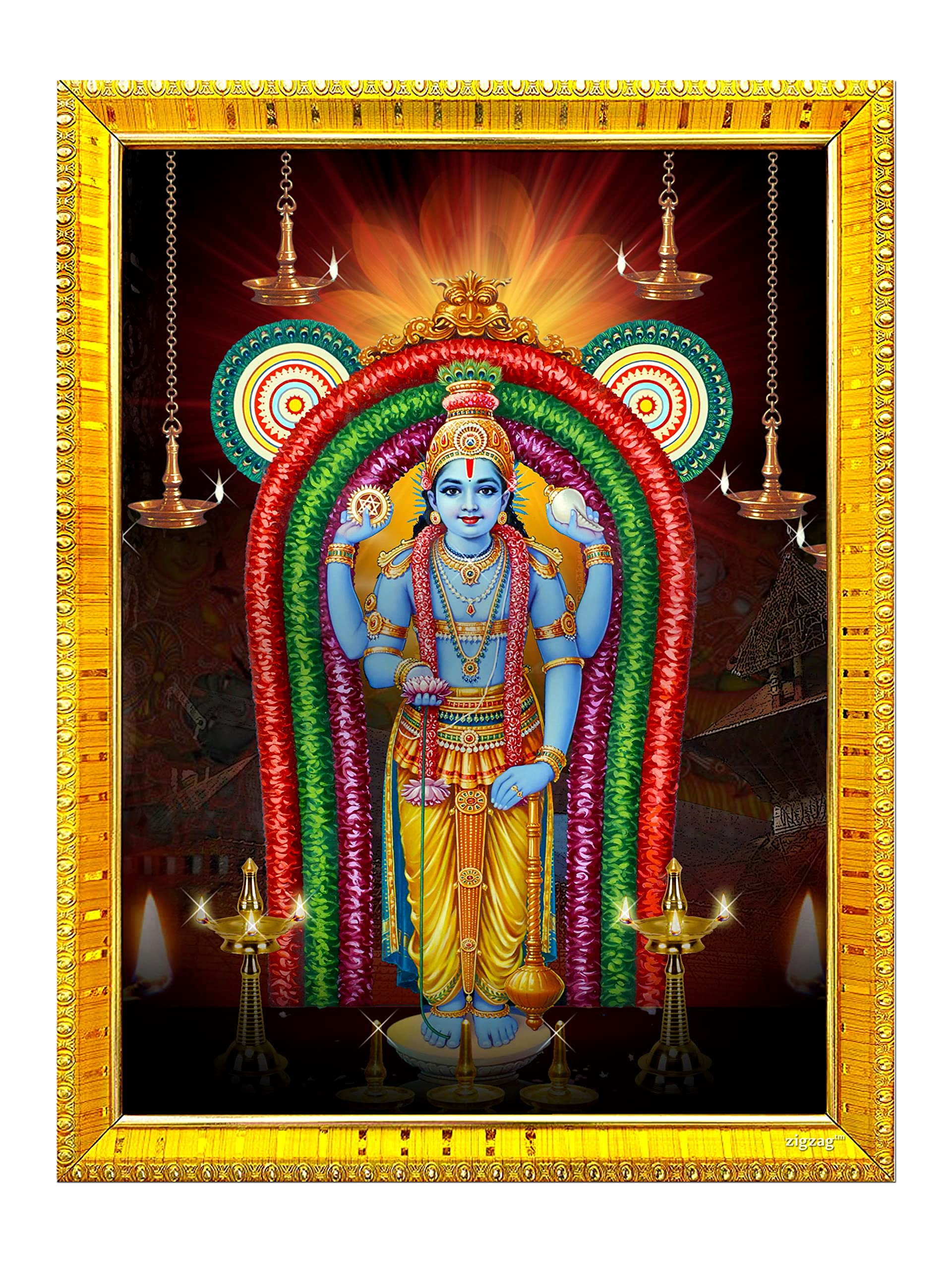 zig zag Guruvayurappan / Guruvayoorappan Photo Frame For Wall / Table / Pooja Room ( 7x9 inches, Acrylic Glass) Golden