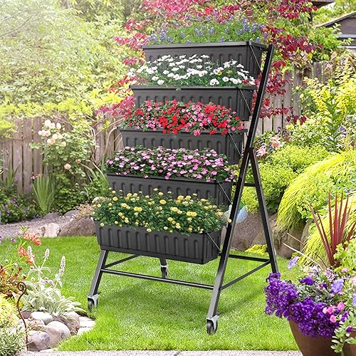 Suyncll Maceta vertical elevada para jardín, maceta de jardín vertical de 5 niveles con sistema de drenaje y 4 ganchos para hierbas, verduras,