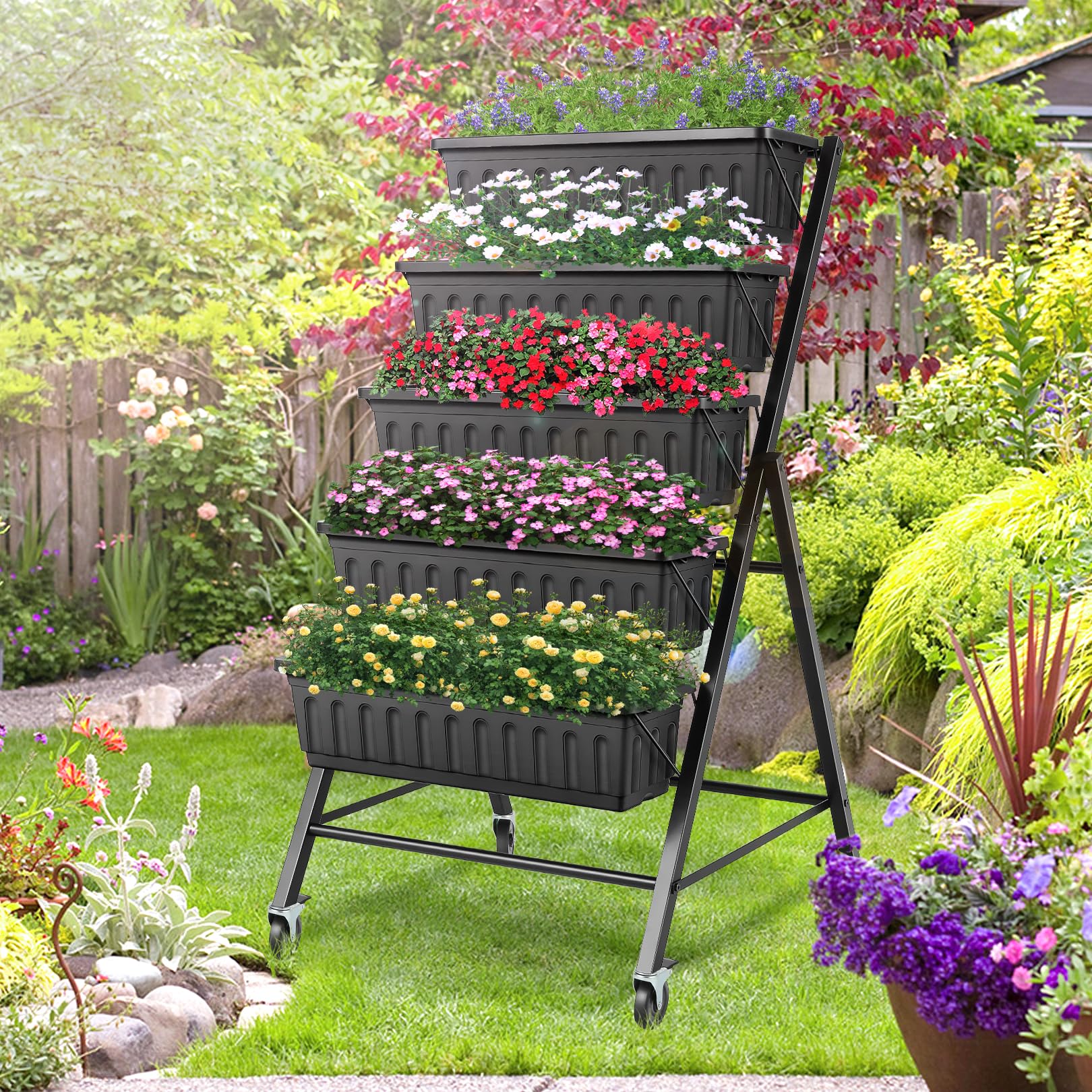 Suyncll Vertical Raised Garden Bed Planter Box,5 Tiers Vertical Garden Planter with Drainage System&4 Hooks for Herb Vegetables Flowers (Black with Wheels)