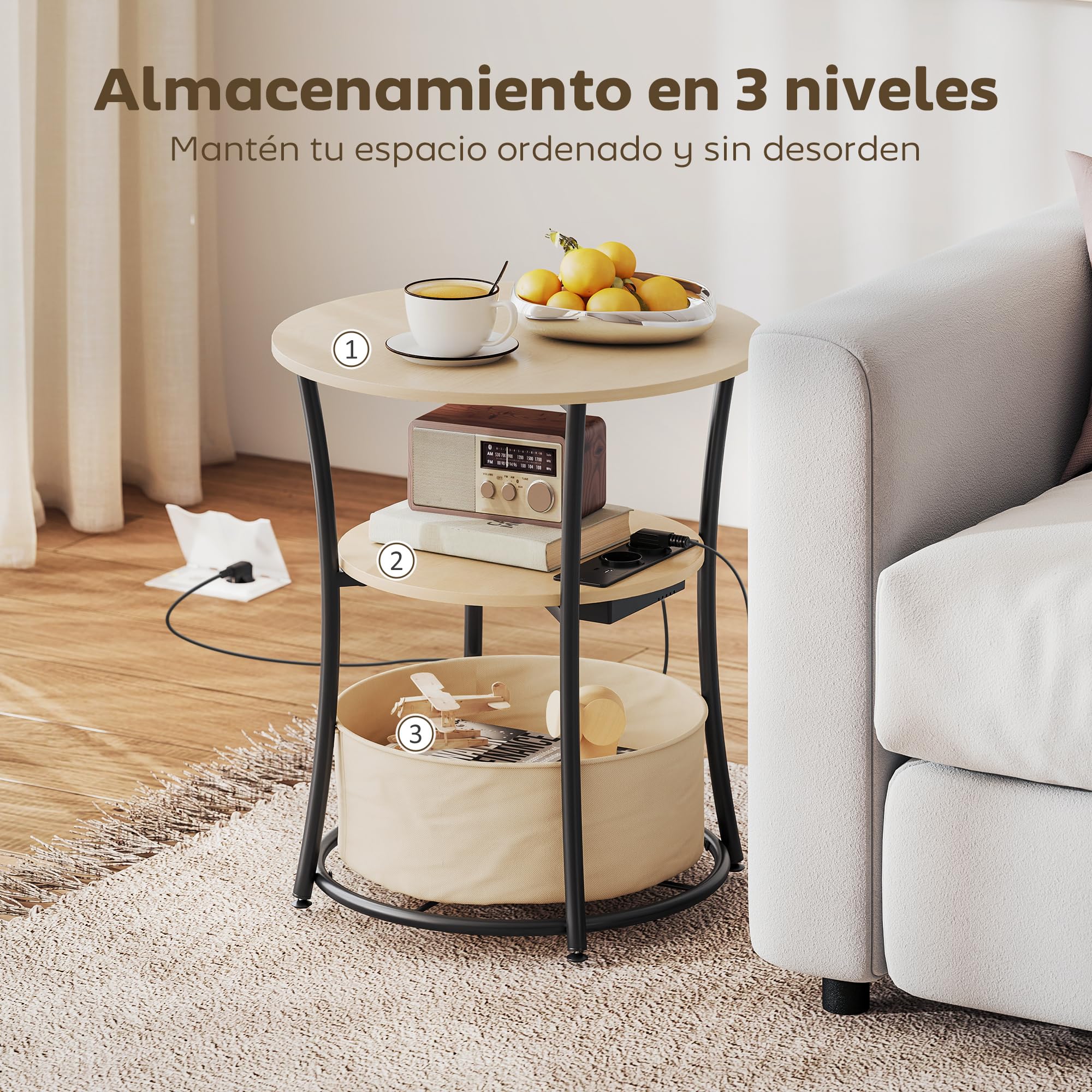HOMCOM Mesa Auxiliar Redonda de 3 Niveles Ø50x55,1 cm Madera Natural | Estación de Carga, Mesita Auxiliar Industrial, 2 Estantes Abiertos, Bolsa de Almacenaje, para Salón Dormitorio Librería
