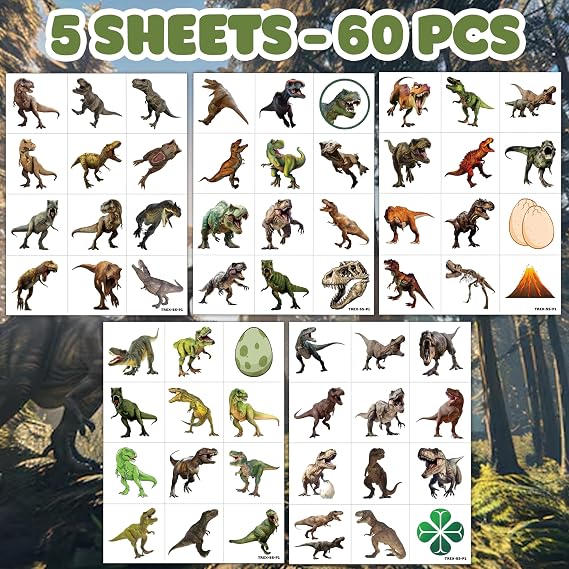 60 PCS 3D T-Rex Dinosaur Temporary Tattoos for Kids | Pre-Cut Dino Stickers, Boys Birthday Party Favors, Supplies & Rewards