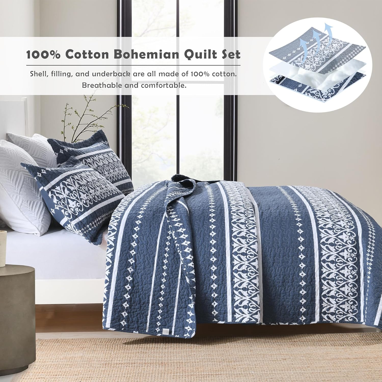 Navy Blue Boho Quilt Set King Size - Boho Striped Quilt Bedding Set - Quilt Set with Shams 3 Piece - 100% Cotton All-Season Lightweight Quilt Coverlet Bedspread Set | Breathable, Soft - Image 4