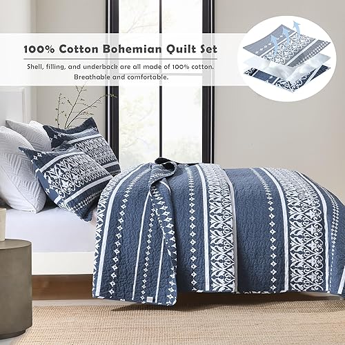 Vista 38 de Juego de edredón bohemio Queen, edredón 100% algodón, tamaño Queen, color beige, bohemio, estampado a rayas, ligero, reversible, para todas las Avena