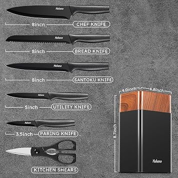 Yabano 7 Piece Kitchen Knife Set with Built-in Block and Sharpener, Ultra Sharp Stainless Steel Blades, Heavy Duty Plastic Block (Black)