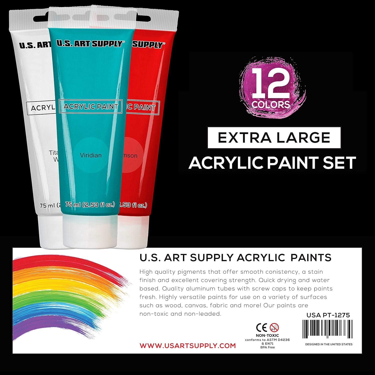 U.S. Art Supply Professional 12 Color Set of Acrylic Paint in Extra-Large 75ml Tubes - Rich Pigment Vivid Colors for Artists, Students, Beginners, Kids, Adults - Canvas, Portrait Paintings, Wood : Arts, Crafts & Sewing