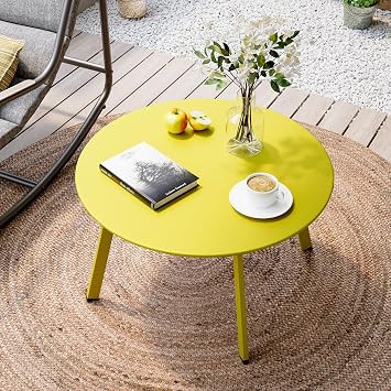 LAUSAINT HOME Patio Round Coffee Table, 27.6 Weather Resistant Heavy Duty Outdoor Metal Patio Side End Table with Square Foot for Outside Deck, Porch, Garden, Yellow