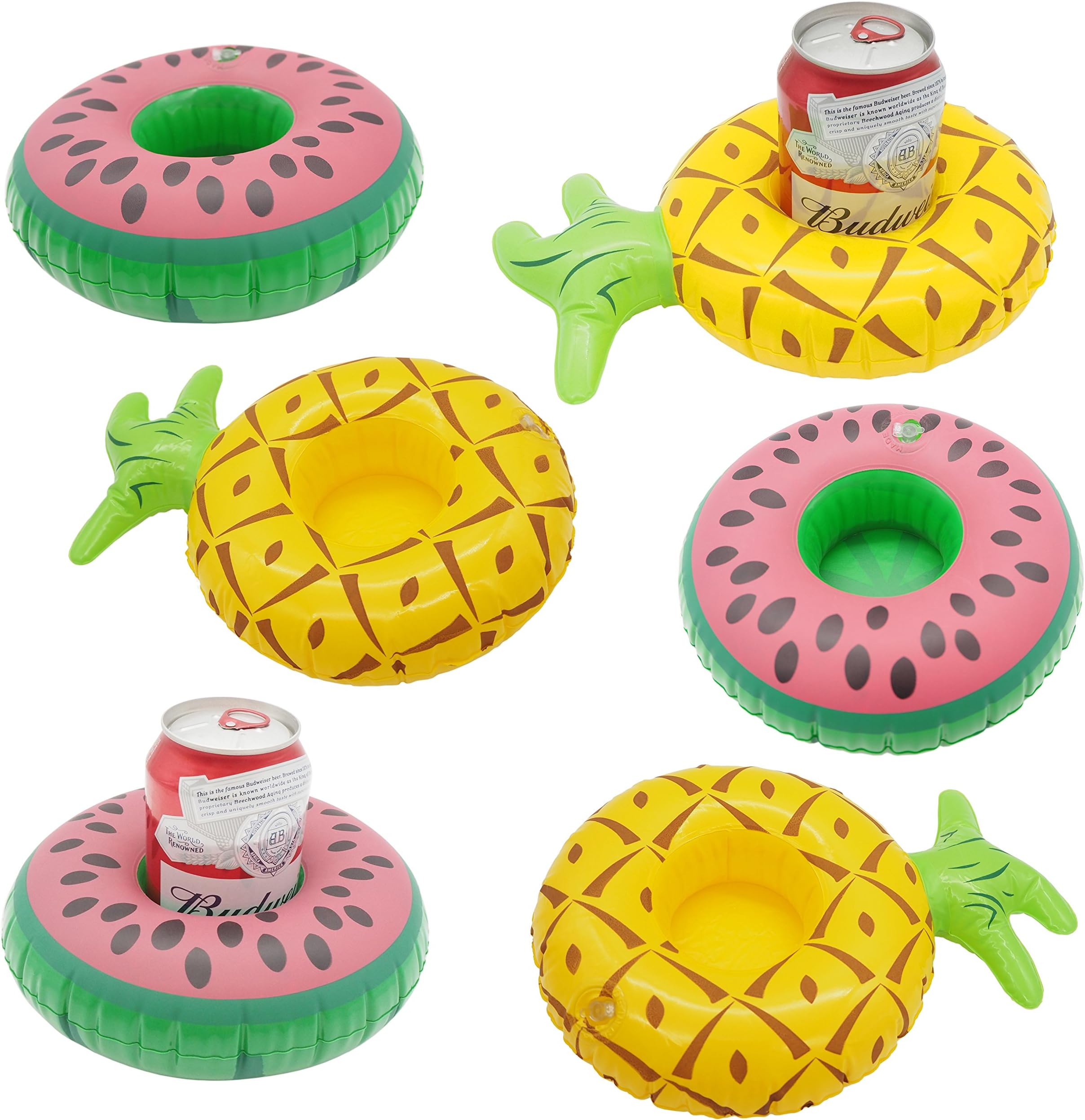 Cazul Goods Inflatable Pool Drink Holder Floats - 3 pieces Watermelon and 3 pieces Pineapple Design (Set of 6)