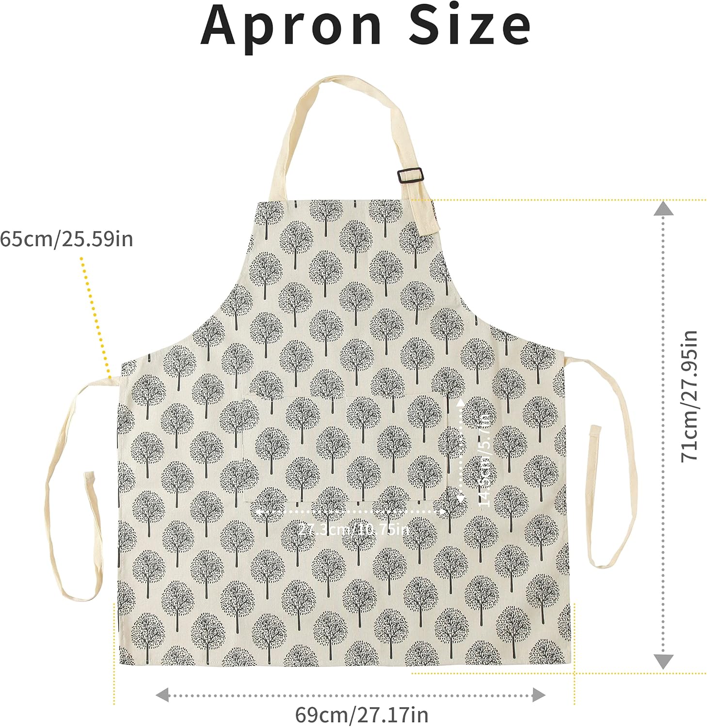 Tosewever 2 Pieces Cotton Linen Waterproof Bib Apron with 2 Pockets - Long Ties Adjustable Neck Strap - Unisex Cooking Kitchen Decorative Pattern Aprons for Women Chef (Triangle/Tree, 2) - Image 7