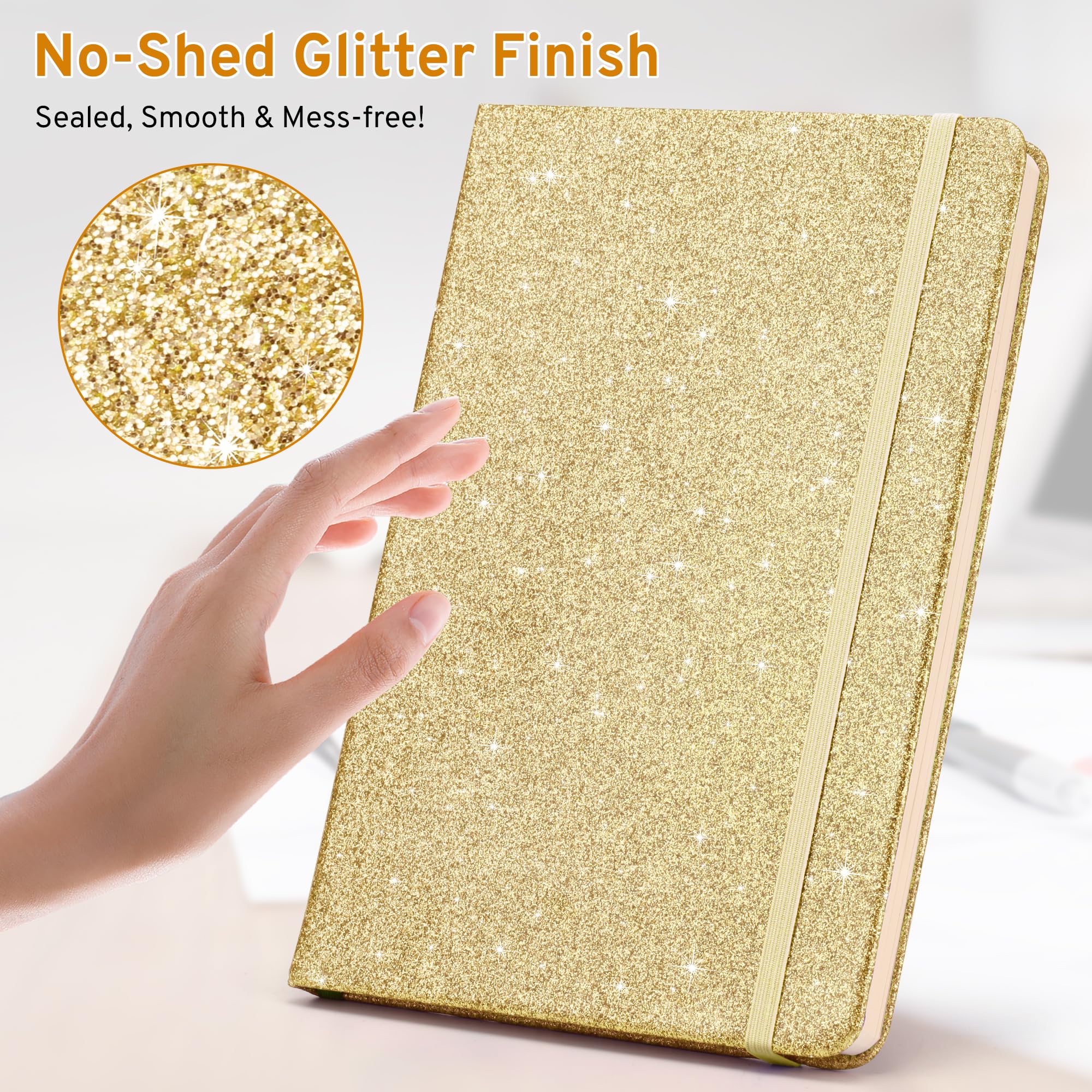 Taccuino dorato glitterato, 21,3 x 14,5 cm, 200 pagine a righe, senza perdita di capelli, diario scintillante per ragazze e donne, diario A5 con copertina rigida per scrittura, regalo di compleanno