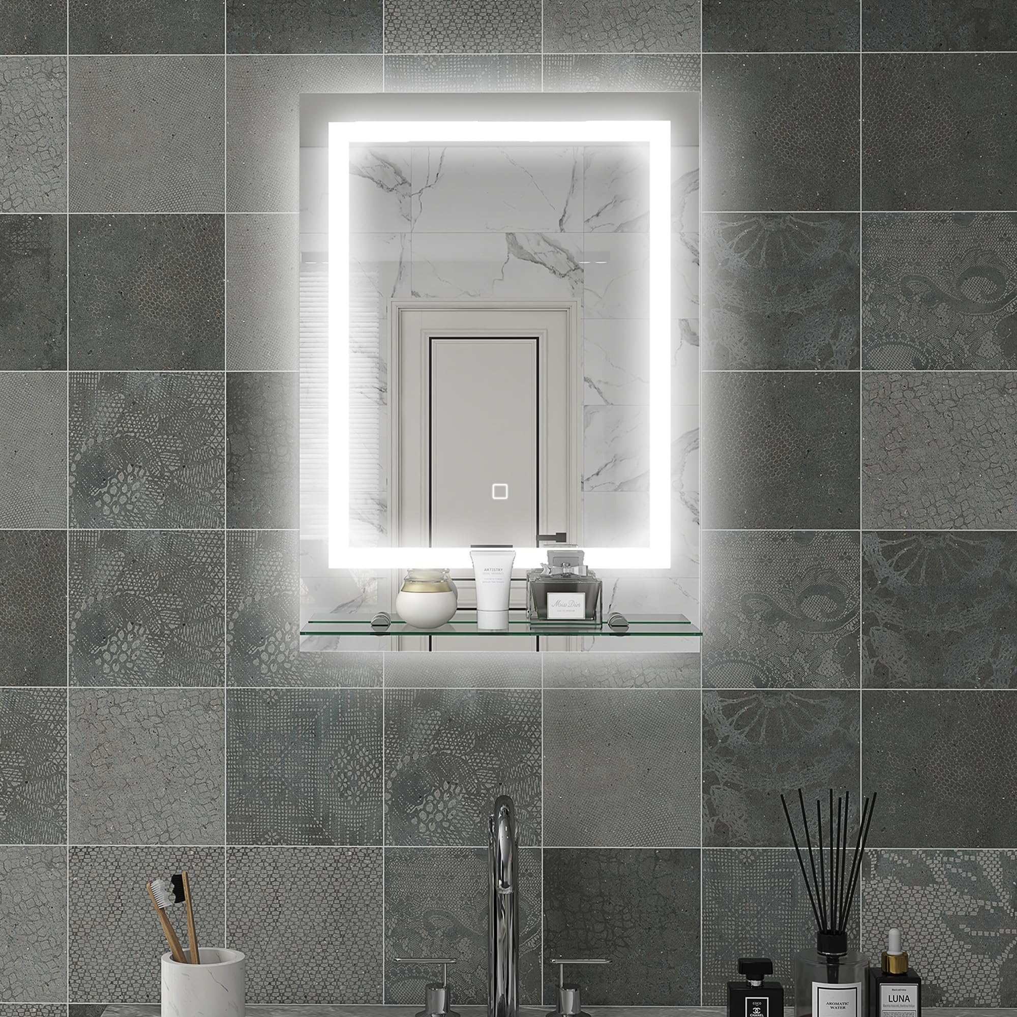 kleankin Miroir Lumineux LED rectangulaire Miroir Mural avec étagère de Salle de Bain 70 x 50 cm luminosité réglable Anti-buée Interrupteur Tactile