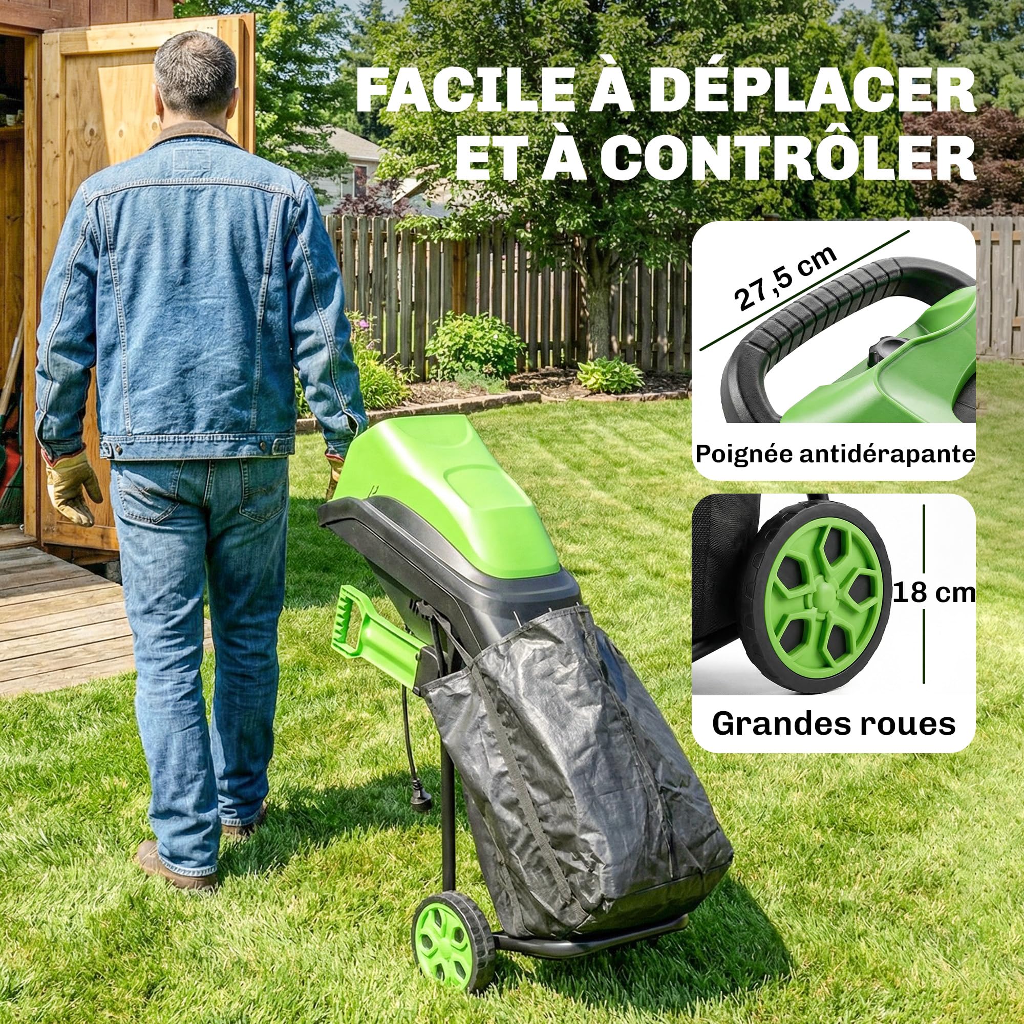 Outsunny Broyeur de Végétaux Électrique 2500 W, Sac de Collecte 45L, 4300 tr/min, 2 Lames en Acier, Poussoir, Roues, Broyeur de Branches pour Coupe de Branches 44mm, Vert