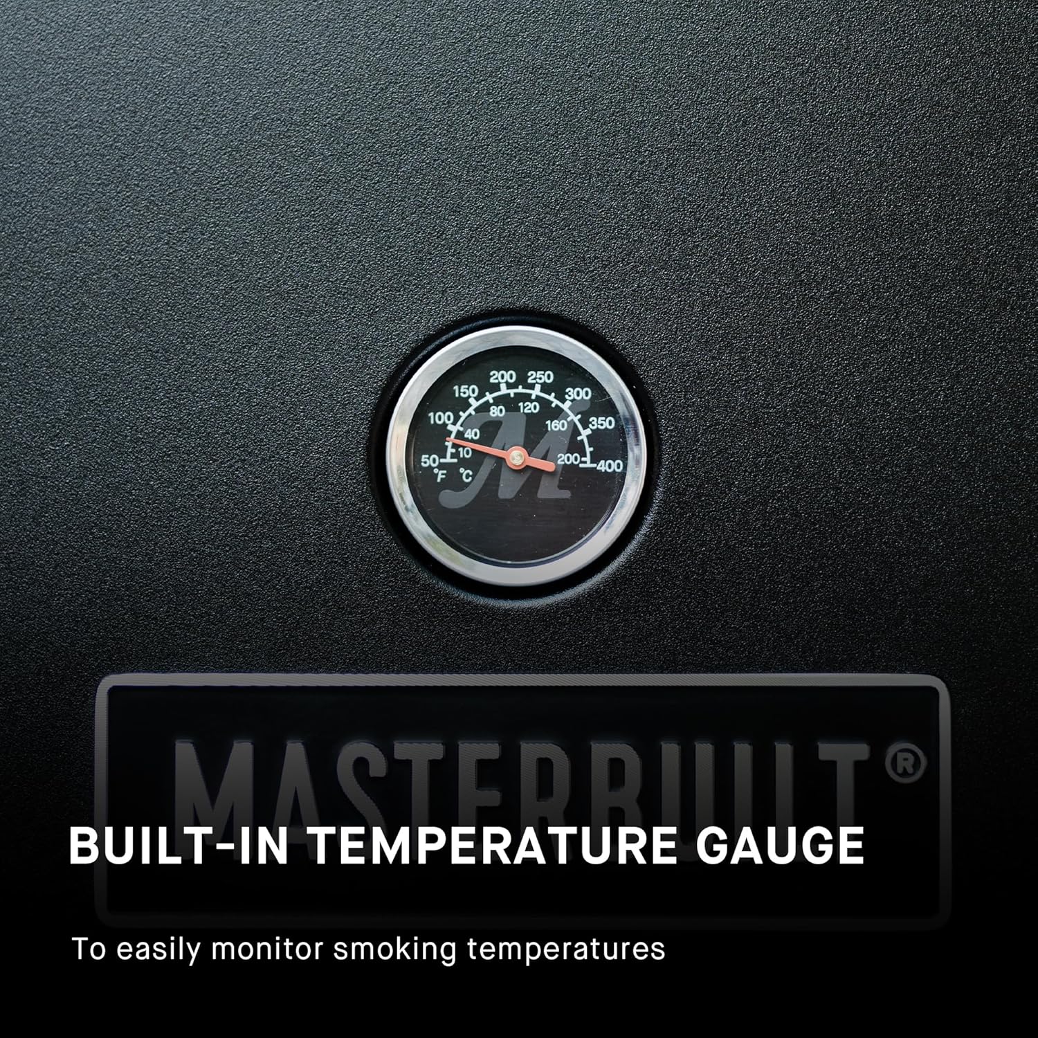 Close-up of the built-in temperature gauge on the Masterbuilt electric smoker