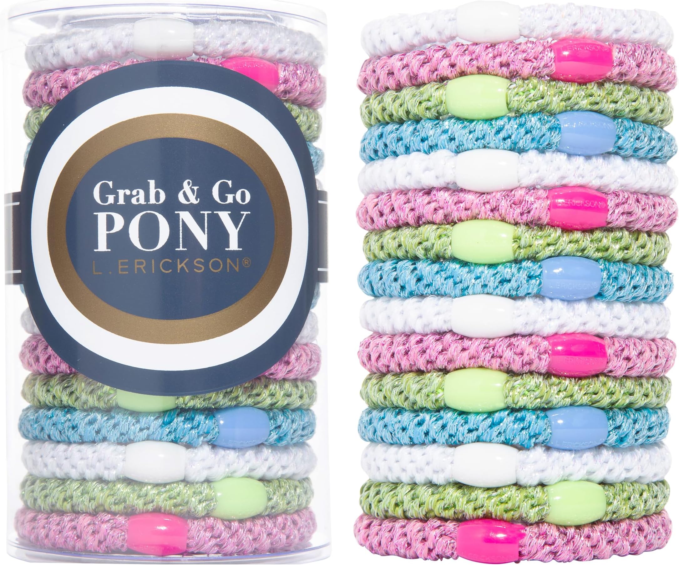 Pink and Green Hair Ties for Thick Hair, Grab & Go Pony Tube, 15 Pack, Dazzle, Thick No-Crease Bands with Strong Hold, Damage-Free Design, Bright Shimmer Pastel Mix | L. Erickson