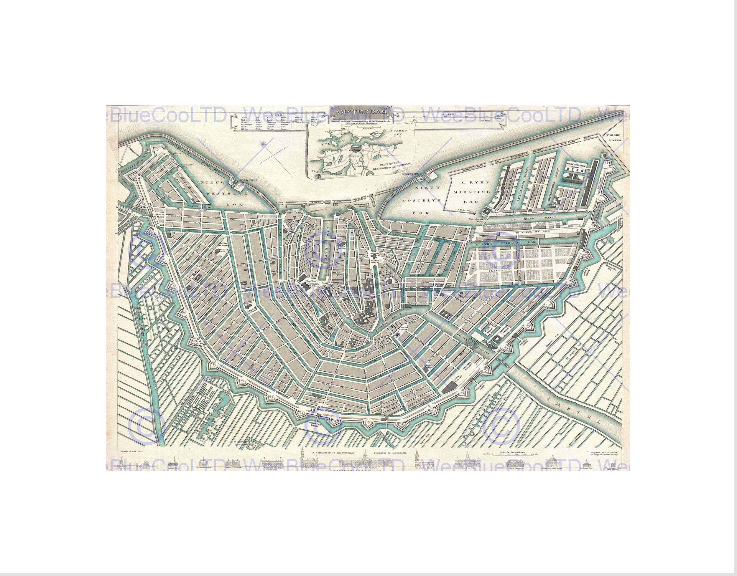 Wee Blue Coo Map Illustrated Antique Sduk Amsterdam Wall Art Print