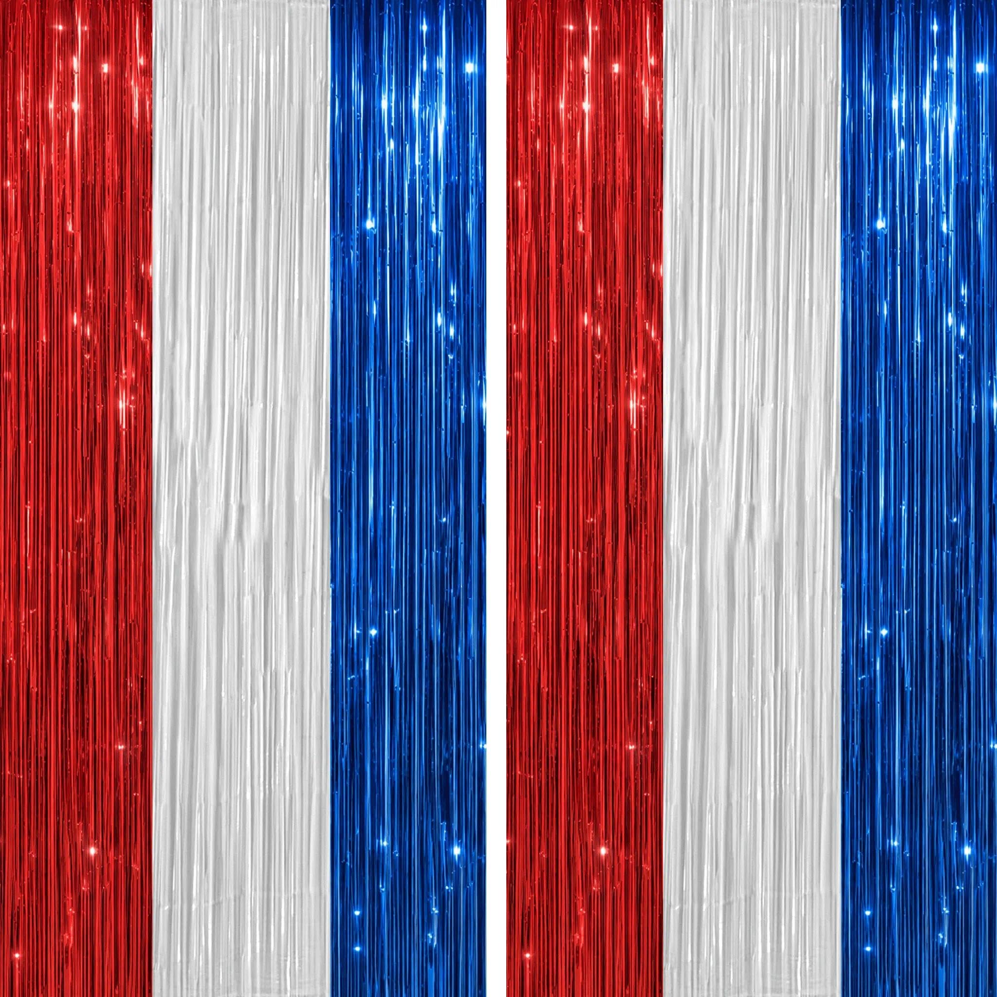 DECOCKRAT 2 Pack Foil Fringe Backdrop - Red&amp;White&amp;Blue Shiny Tinsel Curtains for Party Decoration/Photo Booth Props - 3.3x6.6 FT Metallic Foil Backdrop for Birthday, Wedding, Graduation, Christmas.