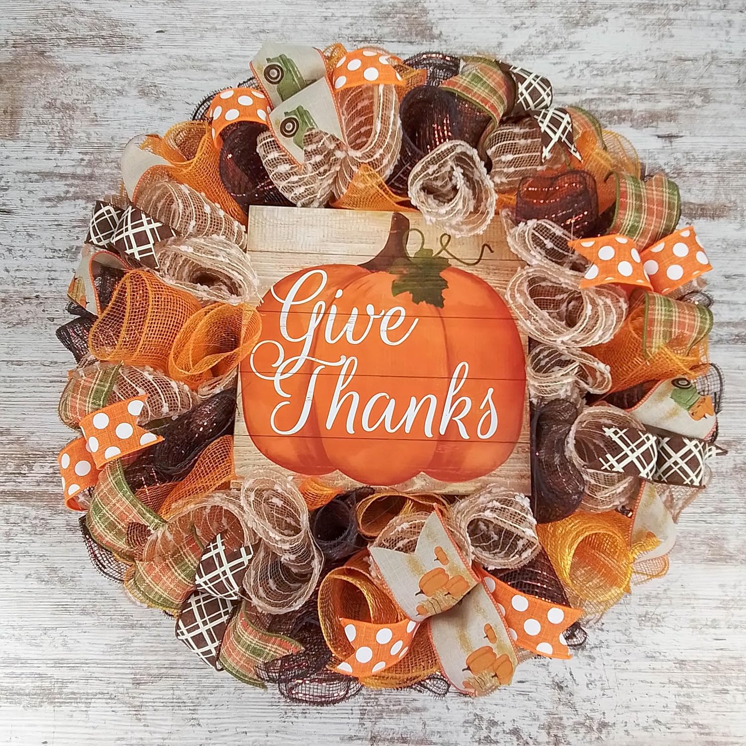 Give Thanks Wreath | Pumpkin Thanksgiving Deco Mesh Front Door Wreath; Brown Orange Burlap