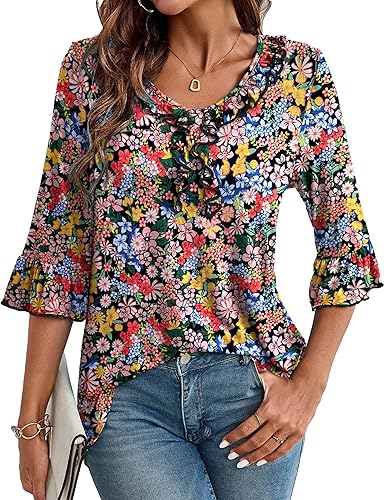 OIDUICOULD 3/4 Length Sleeve Womens Tops Loose V-Neck Floral T-Shirts Dressy Cas