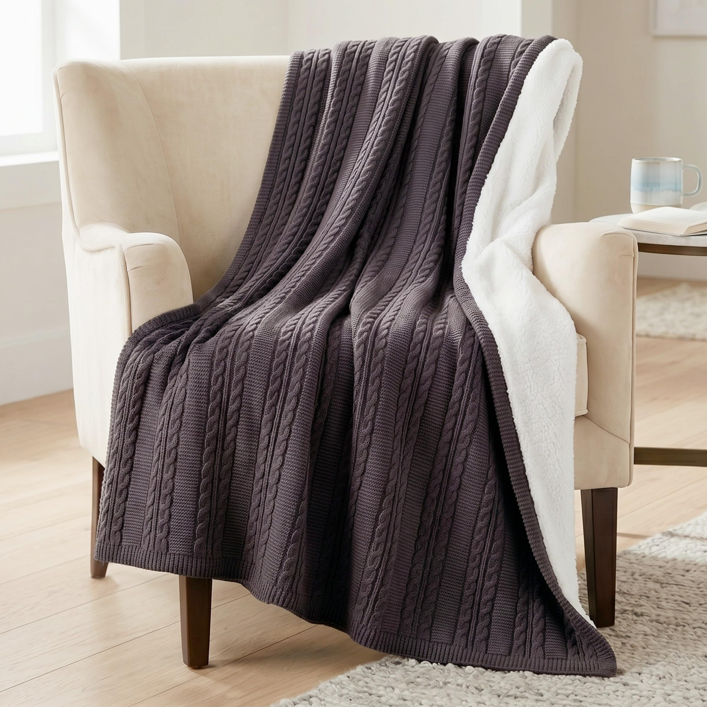 Cable Knit Throw Blanket for Couch, Sofa, or Bed - 60x80-Inch Soft and Cozy Blanket - Throws with Cable Knit Pattern and Warm Sherpa for Living Room, Bedroom, and Home Decor by Lavish Home (Charcoal)