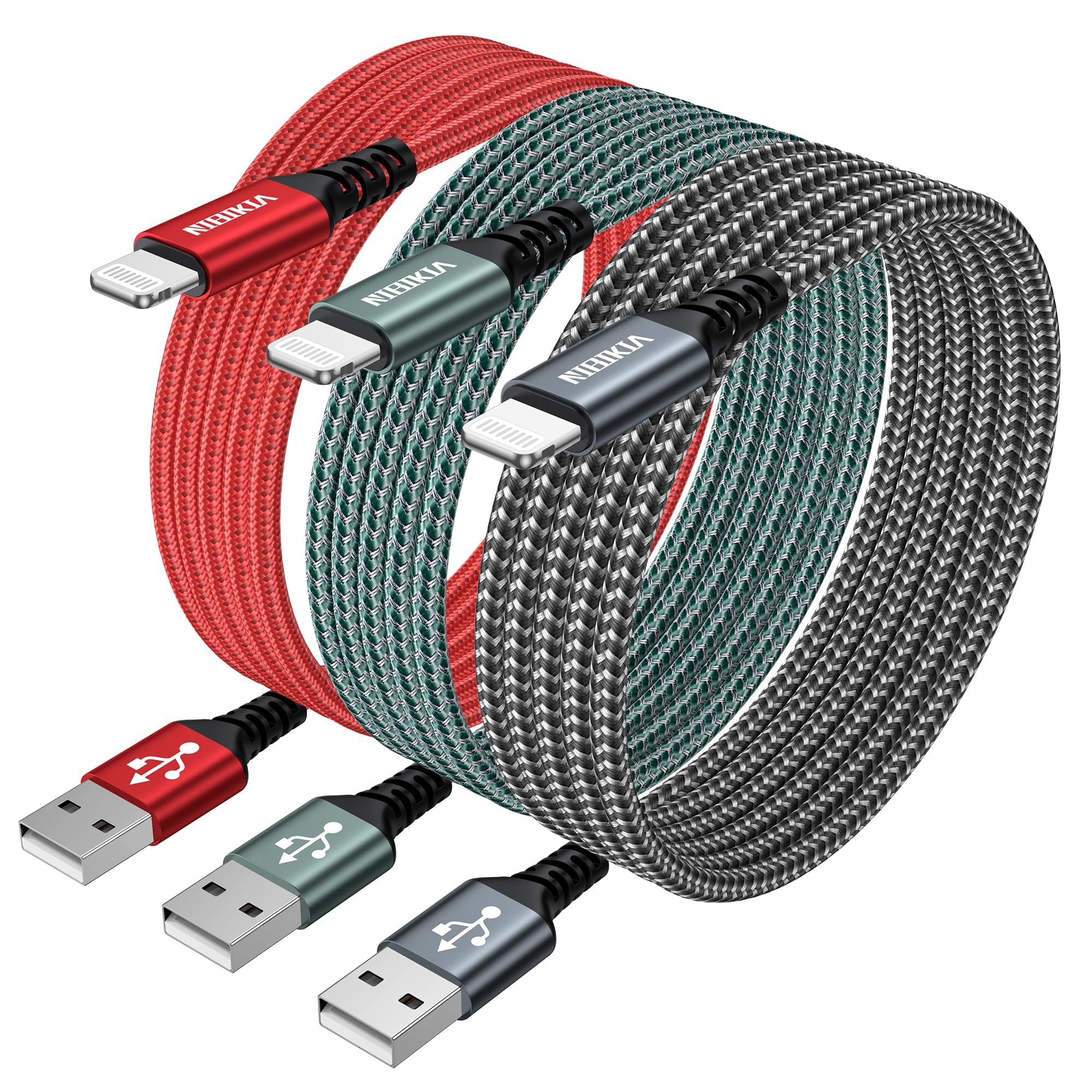 NIBIKIA Cavo iPhone [3Pezzi/ 3M+3M+3M] Certificato MFi Cavo Lightning Carica Rapida Nylon Caricatore iPhone per iPhone 14 13 12 11 X 8 7 6 5