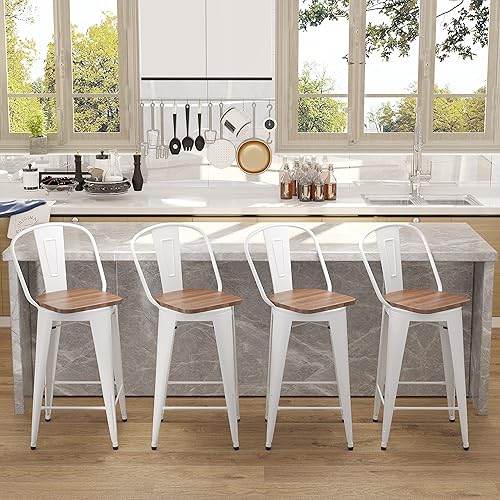 Miniatura 5 de Aklaus Juego de 4 taburetes de bar giratorios de metal, taburetes de barra con respaldo giratorio, asiento de madera, taburetes de bar de 30