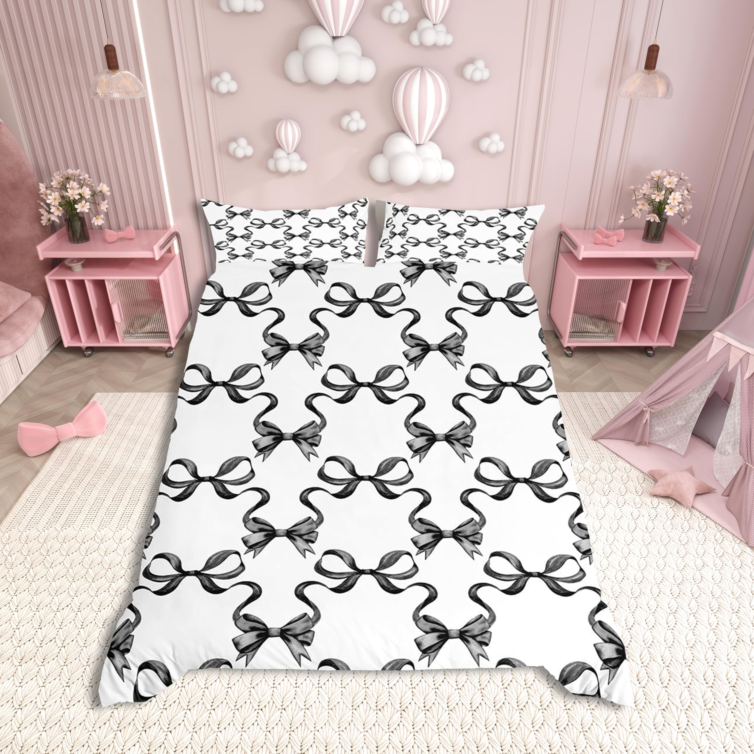 Black Bowknot Duvet Cover Super King Size,Princess Style Watercolor Bow-tie Comforter Cover for Adults Kids Bedroom Decor,Fairy Tale Bow Ribbon Stripes Bedding Set 2 Pillowcases,No Comforter — image 1
