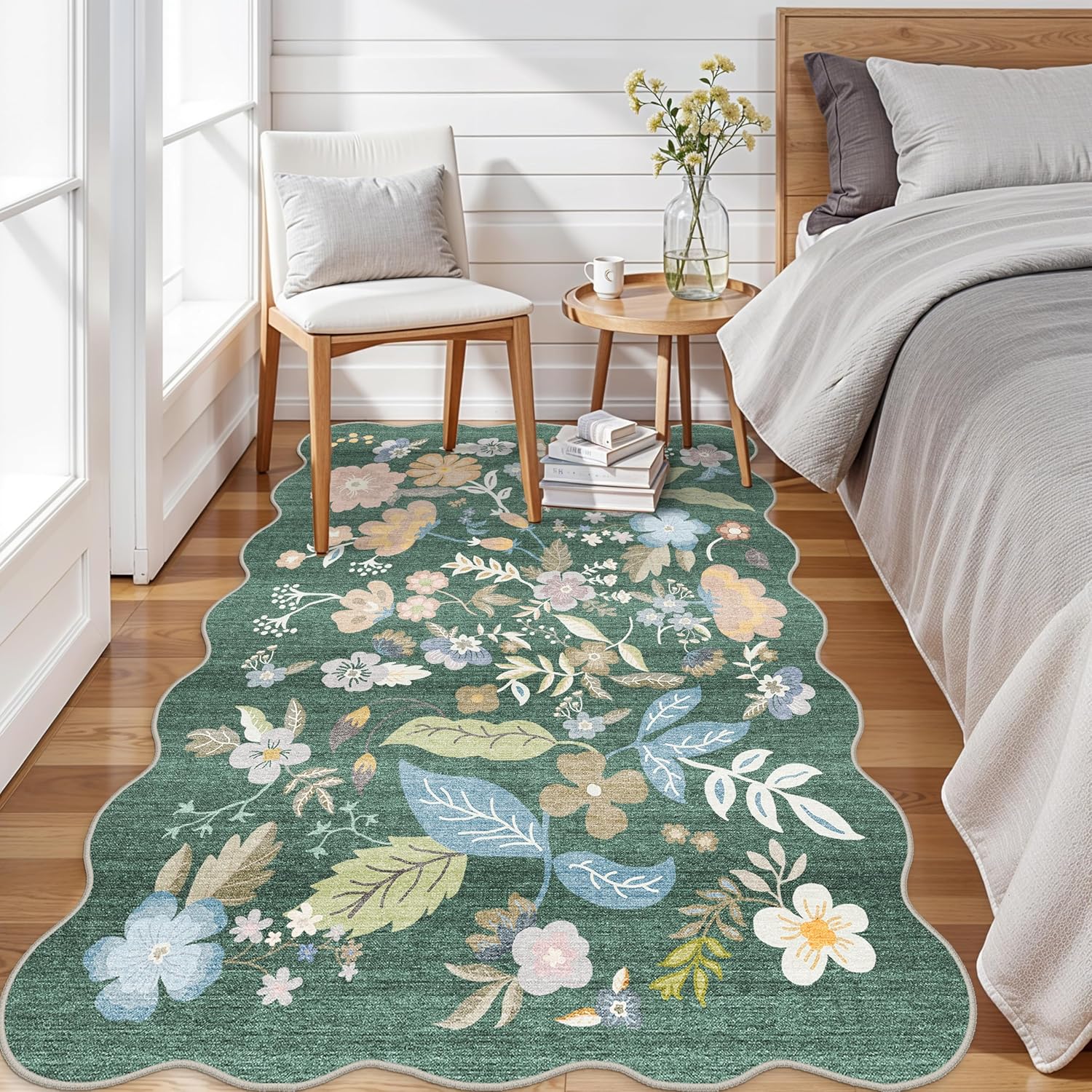 4x6 Washable Rug for Living Room: Non-Slip Scalloped Floral Area Rug for Bedroom, Kitchen, Entryway - Soft Low-Pile Boho Carpet Stain Resistant Throw Rug for Dining Room (Green,4x6)