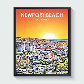 Art Poster Print, Sunset Landscape Scenery Skyline of City, Abstract City Decoration for Bedroom and Living Room. Newport Beach California, 11x14 inches Unframed