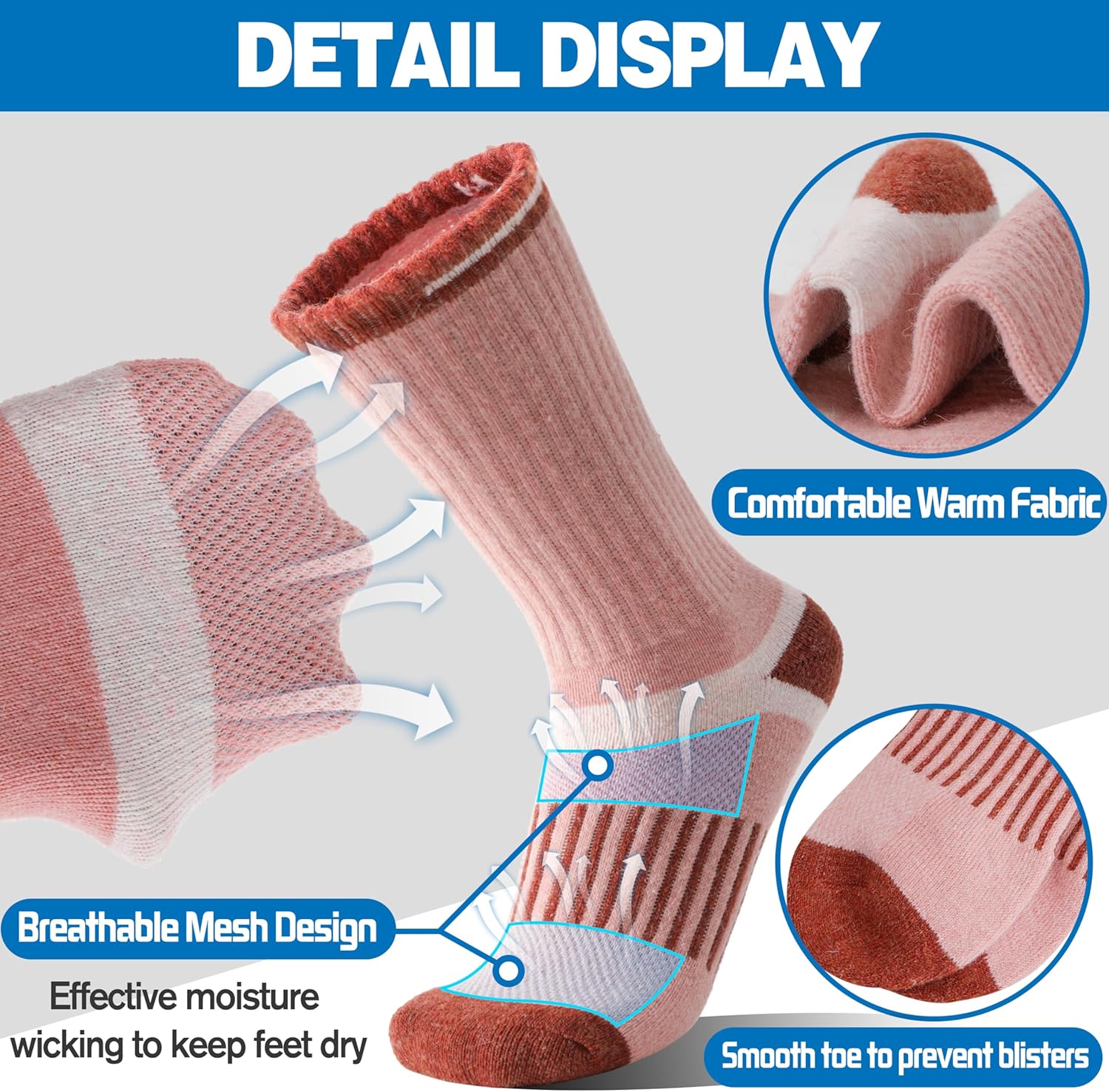 5 Pairs Merino Wool Hiking Socks Warm Thermal Winter Cozy Cushioned Moisture Wicking Socks for Women & Men - Image 4