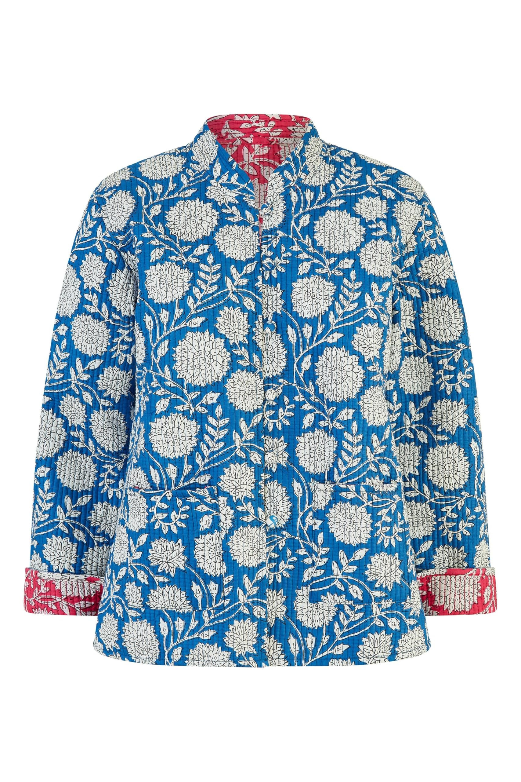 Yumi Blue Floral Print Reversible Cotton Quilted Jacket 10 Blue