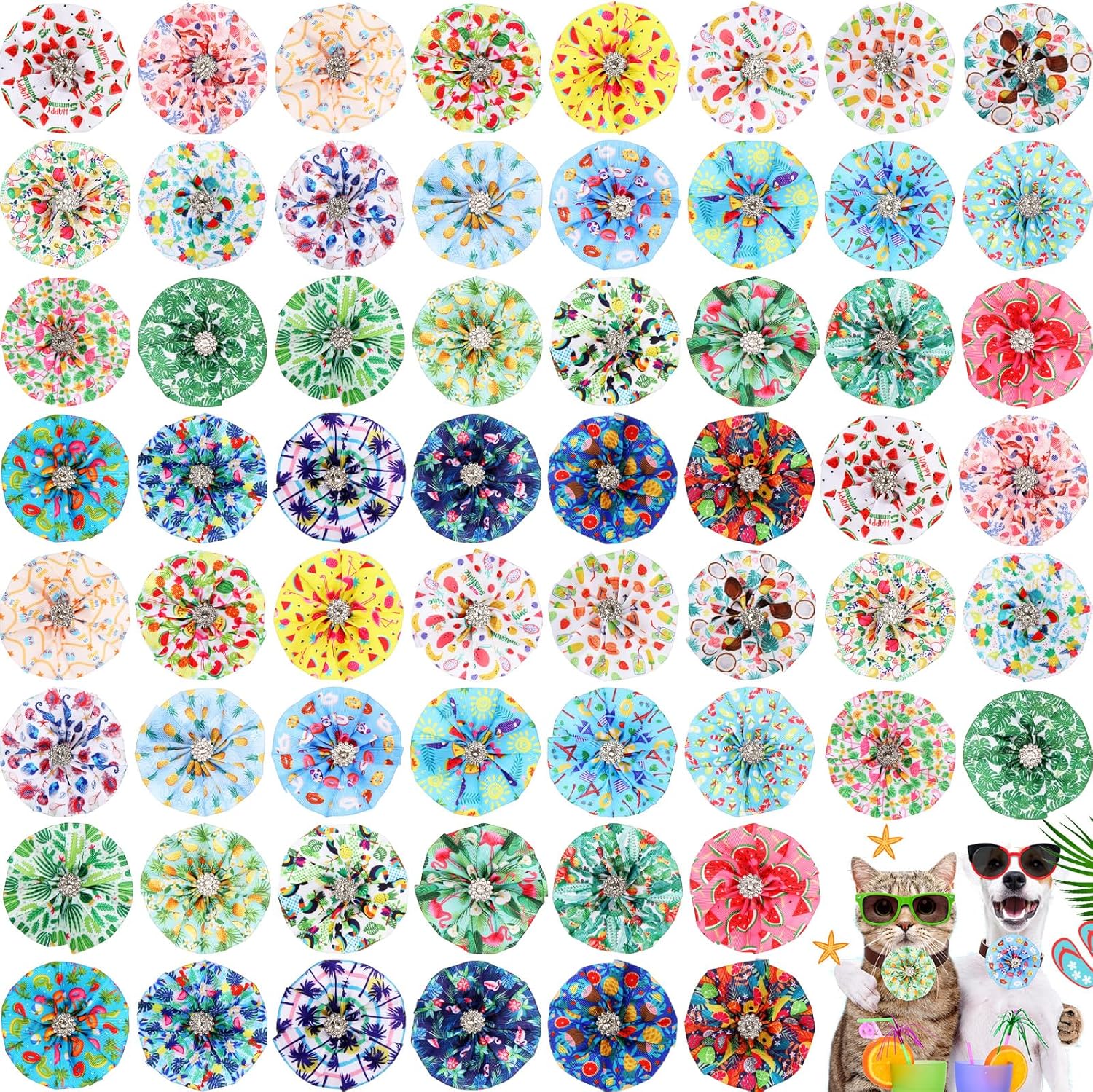Sanwuta 60 Pcs Dog Collar Bows Flowers Hawaiian Pet Bow Ties Seasonal Pet Accessories Slides Attachment for Small Medium Large Dog Cat Puppy Bows Grooming Supplies