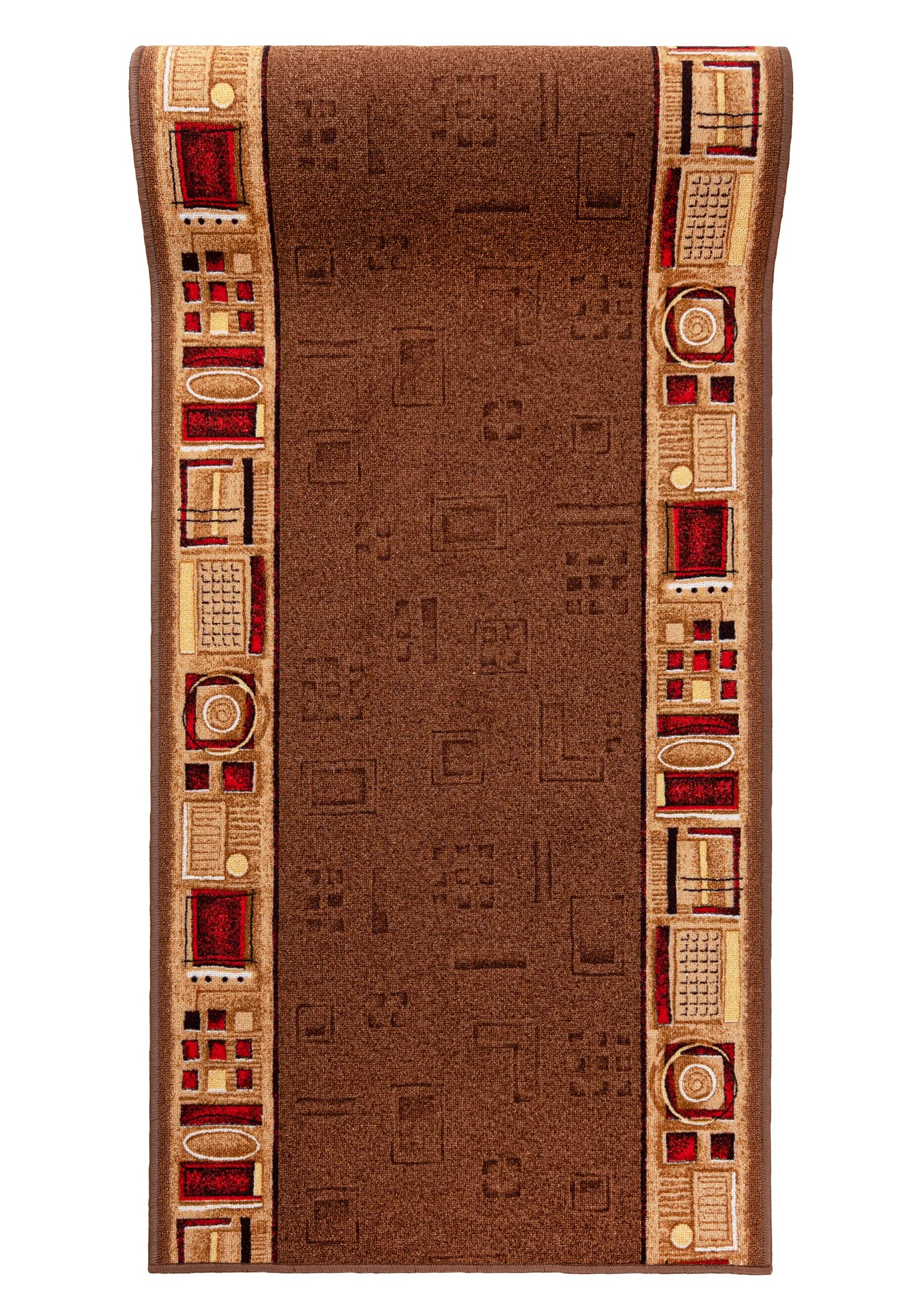 Alfombra de pasillo larga Mazovia marrón de pelo corto con geometría moderna 67x425 cm