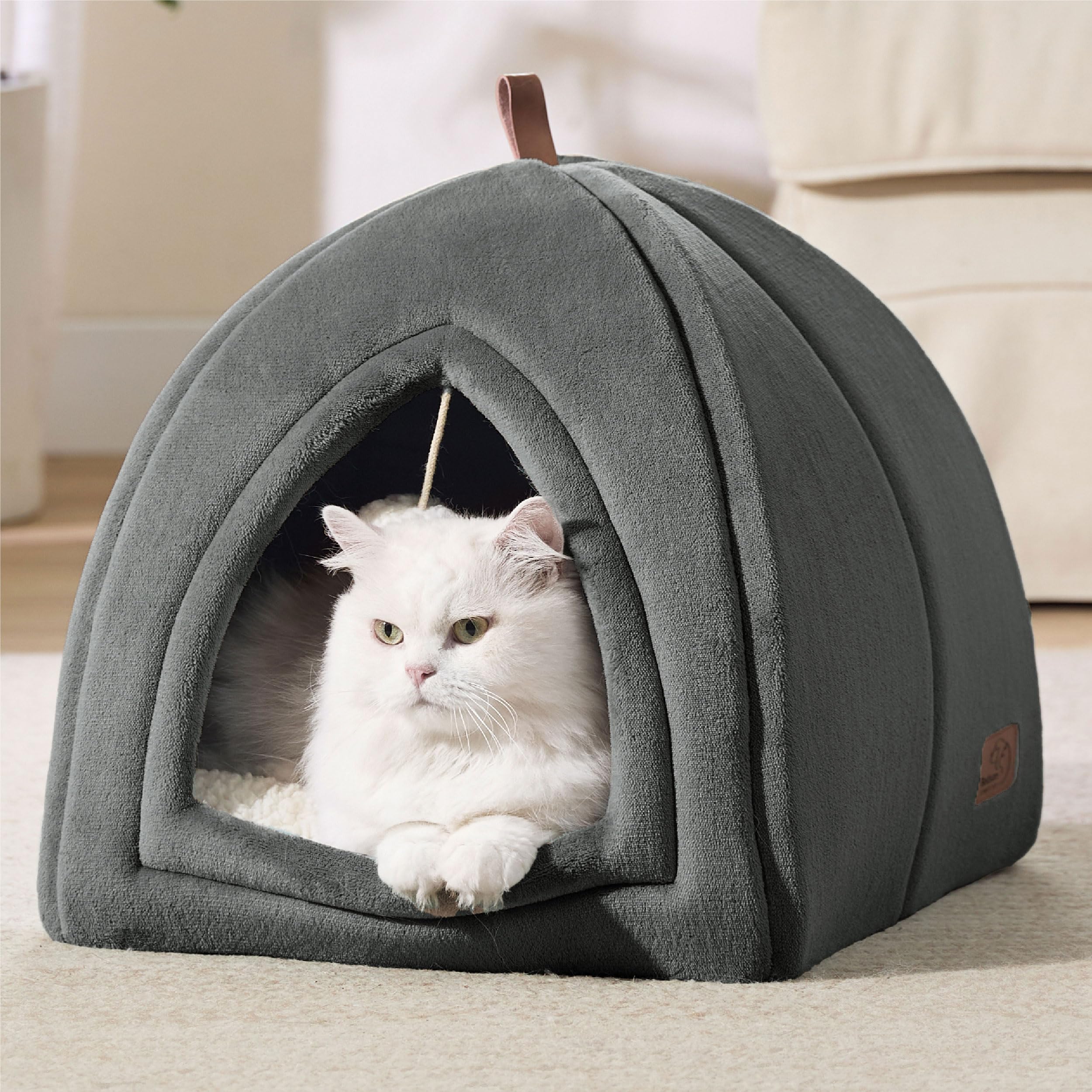 Bedsure Cama Cueva Gato Interior Casa Iglú Franela, 40x40cm | Cama Mascota Cerrada Plegable con Cojín Extraíble Lavable, Gris Oscuro