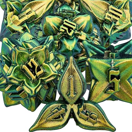 Miniatura 62 de ARUOHHA DND - Juego de dados de metal con diseño de números de hoja negra, dorados, dados poliédricos con caja, 7 dados D y D, juegos de rol D20