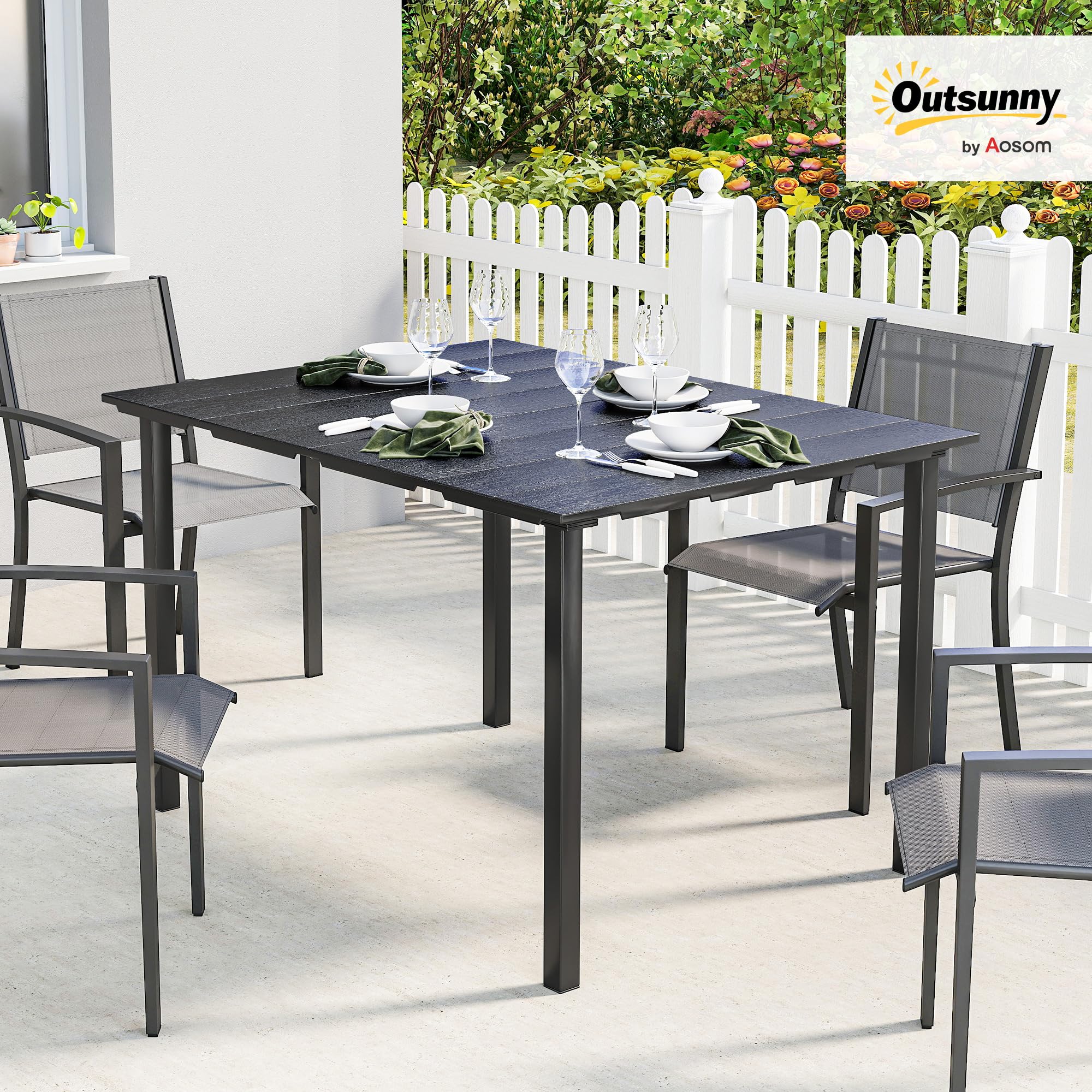 Outsunny Mesa de Comedor de Jardín Rectangular, Mesa de Terraza Exterior 120x90x74 cm, con Encimera de HDPE y Estructura Metálica, para 6 Personas, Carga 50 kg, para Patio, Balcón, Negro