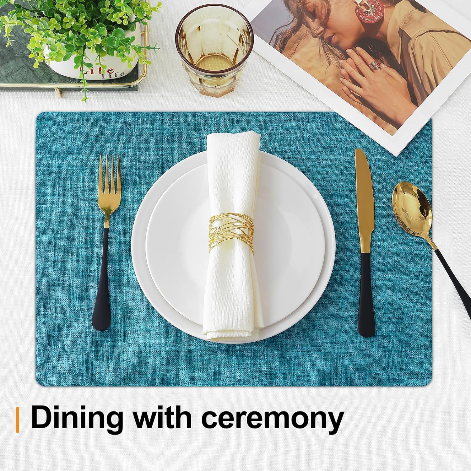 Homaxy Cloths Placemats for Dining Table Set of 6, Heat Resistant Washable Cotton Linen Blend Table Mats, Easy to Clean Place Mats for Indoor Outdoor Party Kitchen Decoration, 13" x 19", Teal