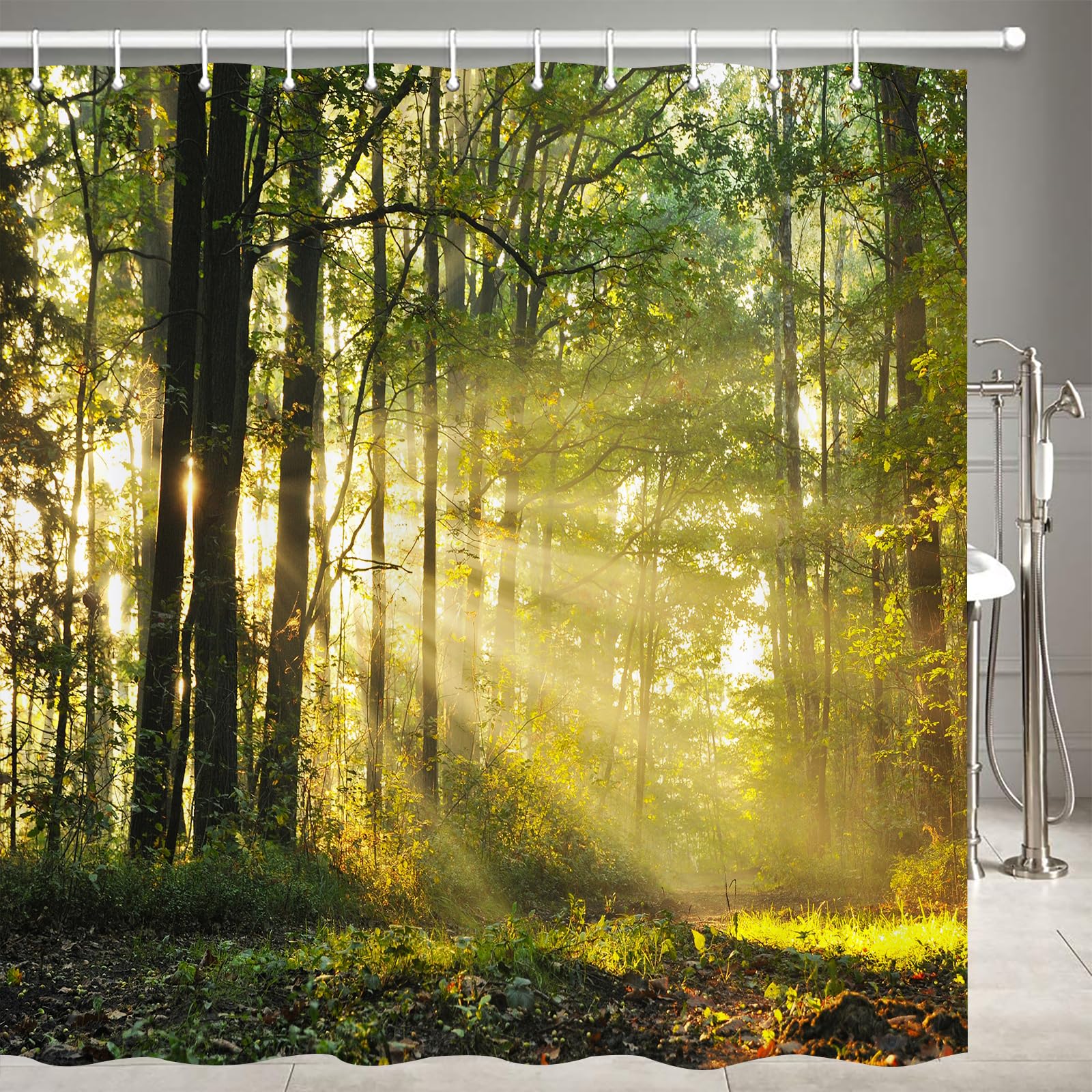 JOOCAR Nature Shower Curtain Magical Autumn Forest Woodland Sunset Sun Scene Sunlight Bathroom Decorative Waterproof Polyester Fabric Shower Curtain with 12 Hooks Size: 72x72 Inch