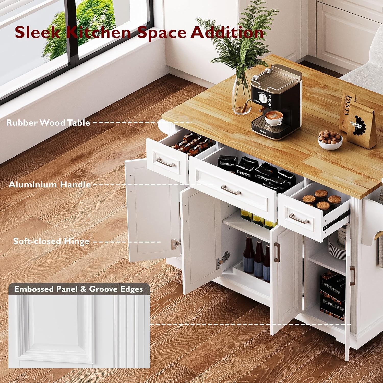 54" Large Kitchen Island with Rubber Wood Drop Leaf, Rolling Kitchen Cart with Ample Storage on 4 Wheels with 4 Doors and 3 Drawers, Moveable Island Table with Embossed Texture for Dining Room