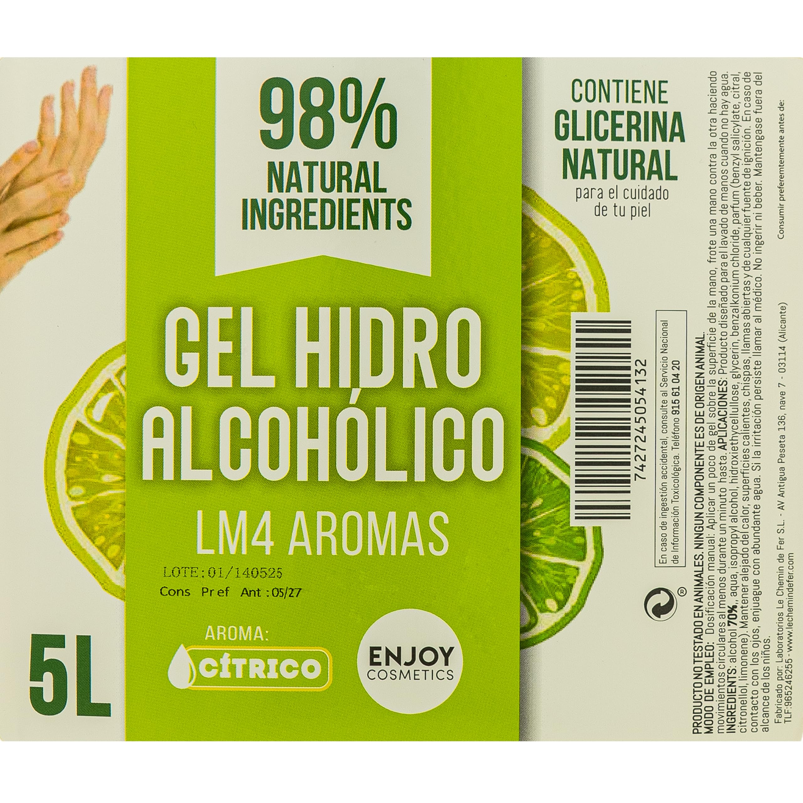 ENJOY COSMETICS - Gel Hidroalcohólico Aroma a Cítrico 5L | 70% Alcohol | Con Glicerina Natural | Para el Cuidado de la Piel | 98% Ingredientes Naturales | Ideal para Casa y Comercios