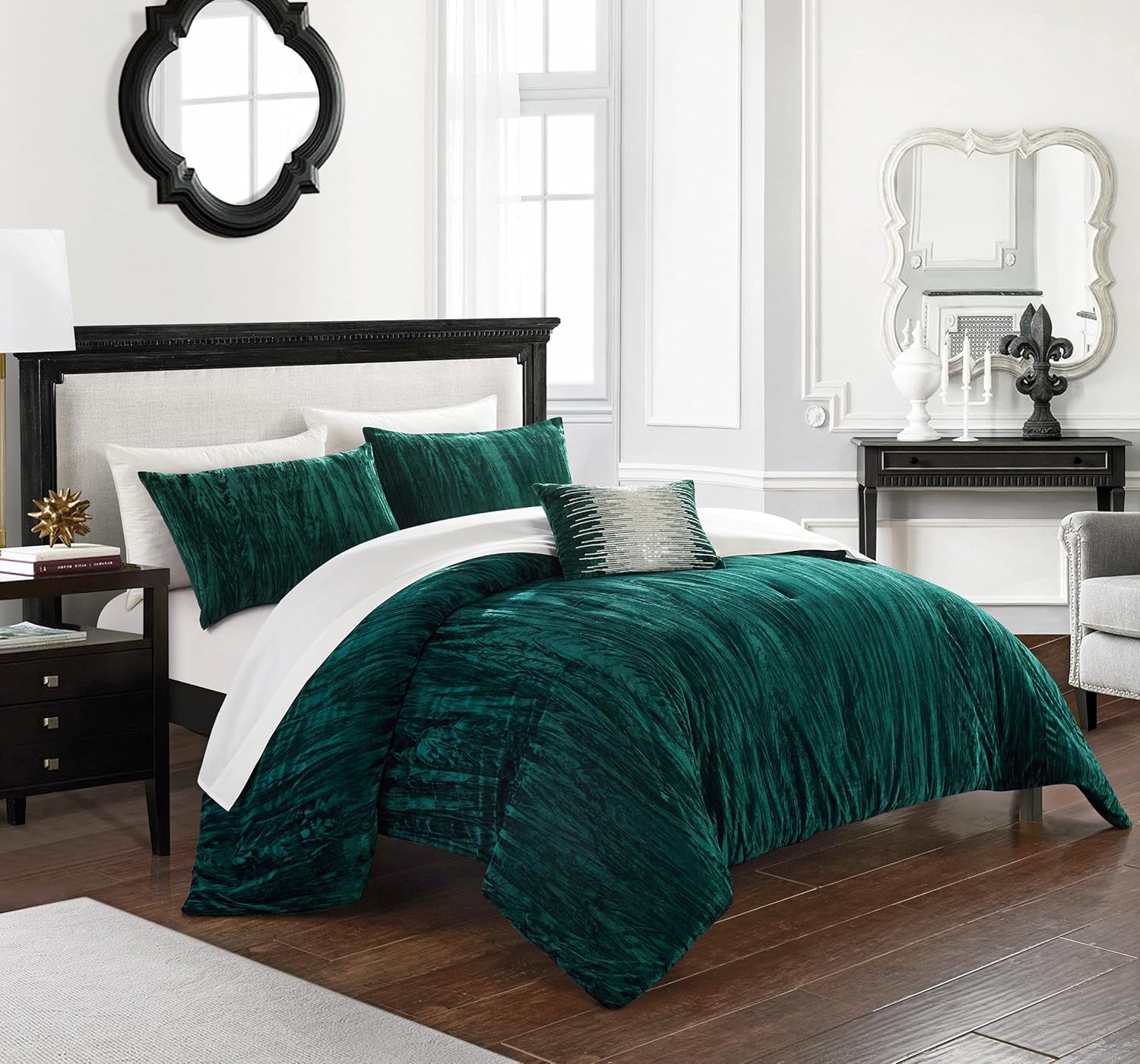 Chic Home Westmont 4 Piece Comforter Set Crinkle Crushed Velvet Bedding - Decorative Pillow Shams Included, Queen, Green