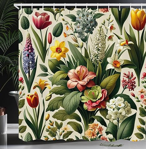 Miniatura 32 de Ambesonne - Cortina de ducha hippie, flores de aspecto de margaritas en ondas groovies abstractas estilo retro de los años 60 y 70, juego de Azul