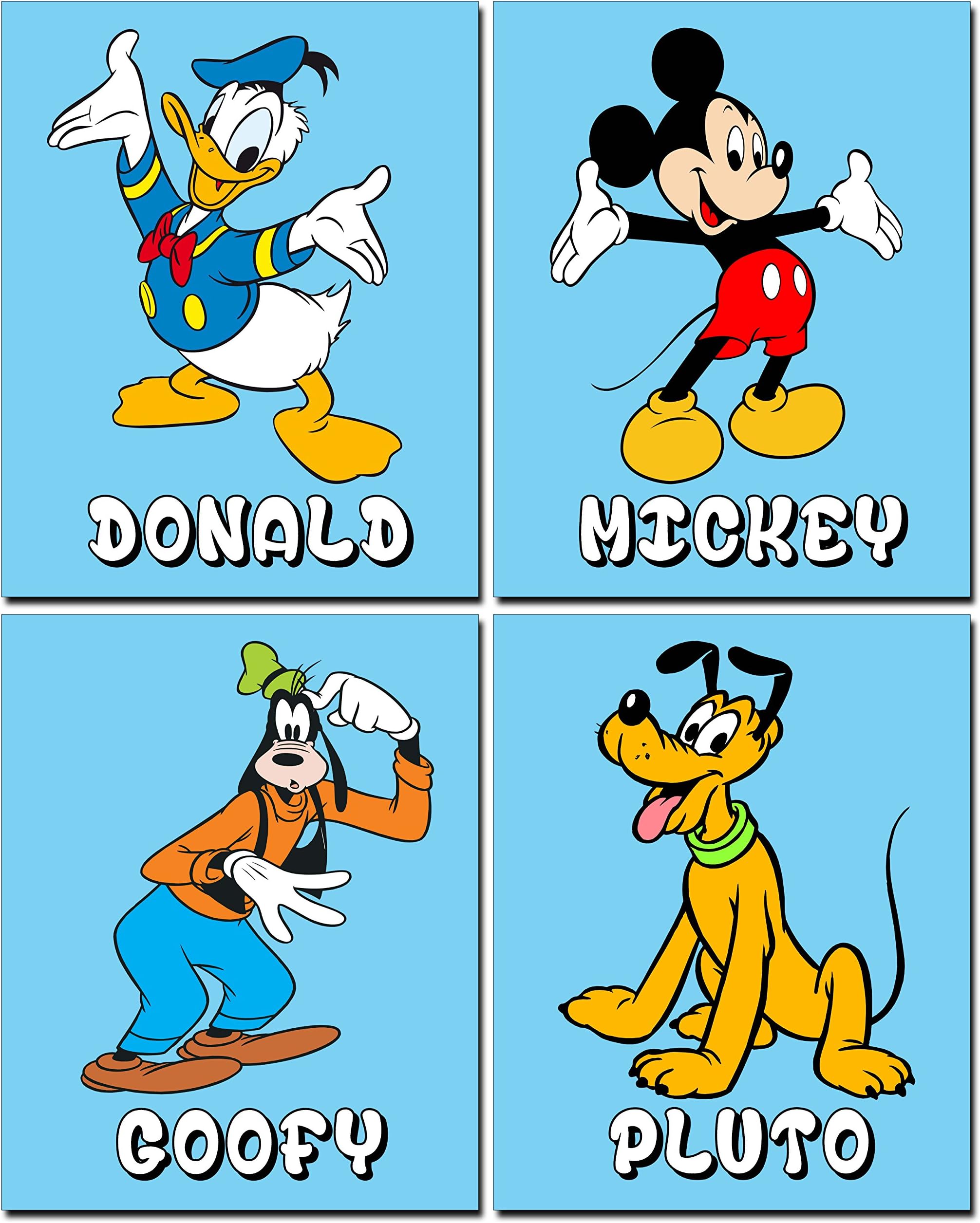 4 Pack of Blue Mickey Mouse Nursery Decor Art Prints (8 inches by 10 inches)