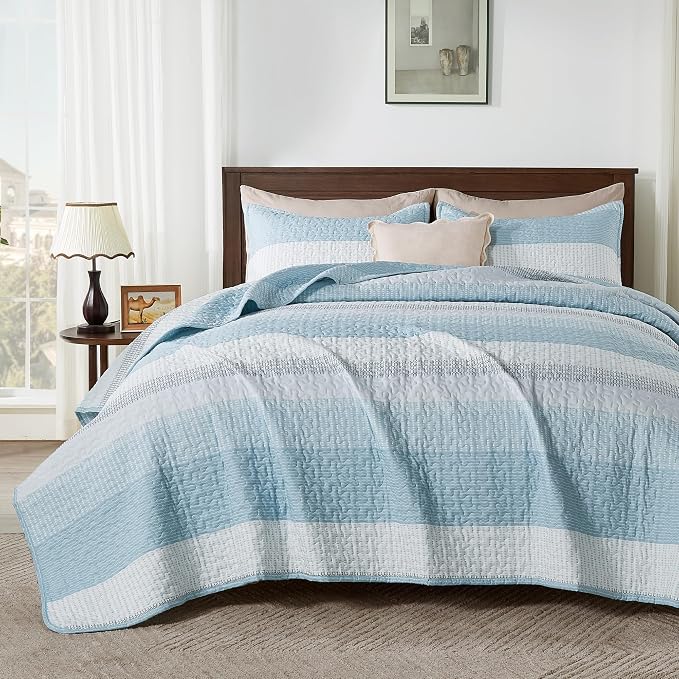King Size Quilt Set Aqua Blue, 3 Pieces