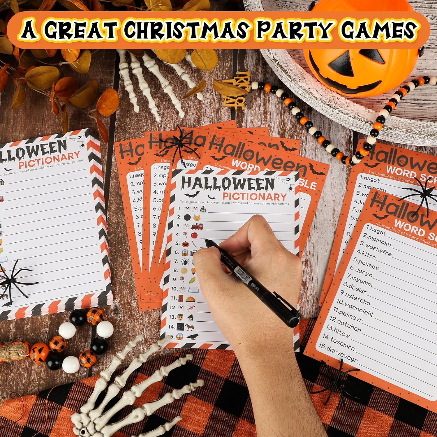COCHIE 30 Players Halloween Party Games for Adults Family Office Large Groups, Words Pictionary Game, Riddle Game, Word Scramble Games with Answer Key (Halloween Orange) image 4